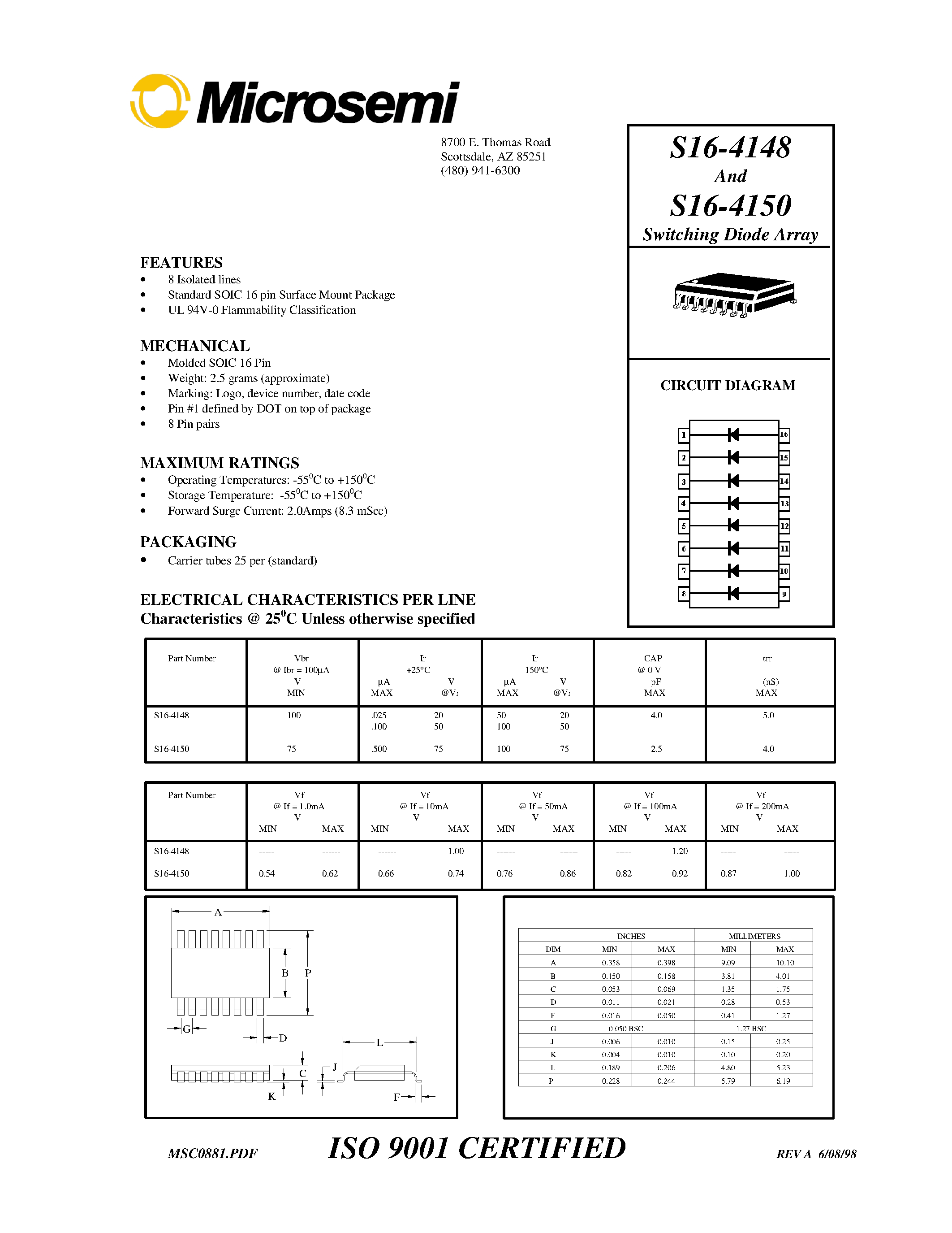 Datasheet S16-4150 - Switching Diode Array page 1