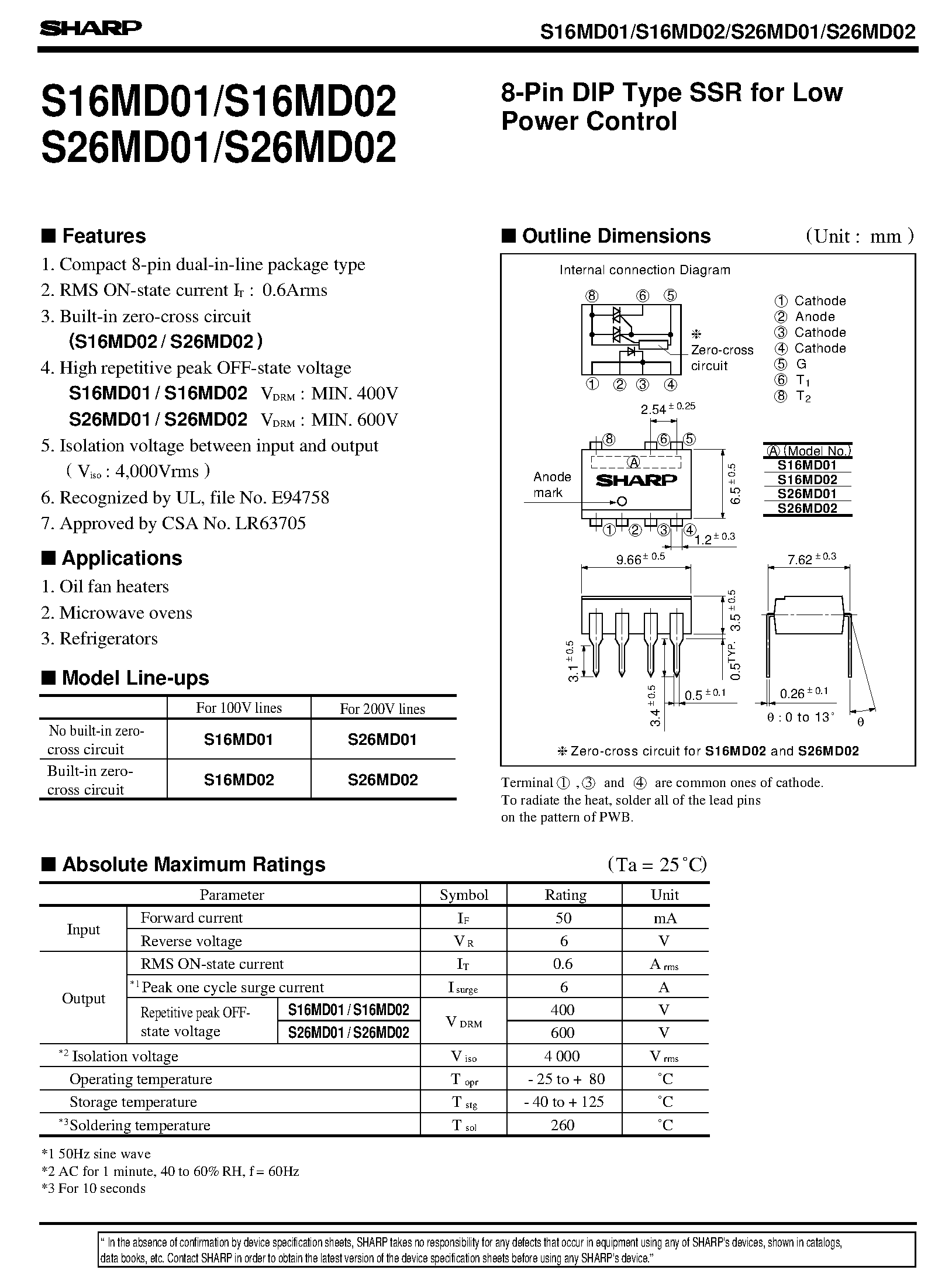 Даташит S16MD02 - 8-Pin DIP Type SSR for Low Power Control страница 1