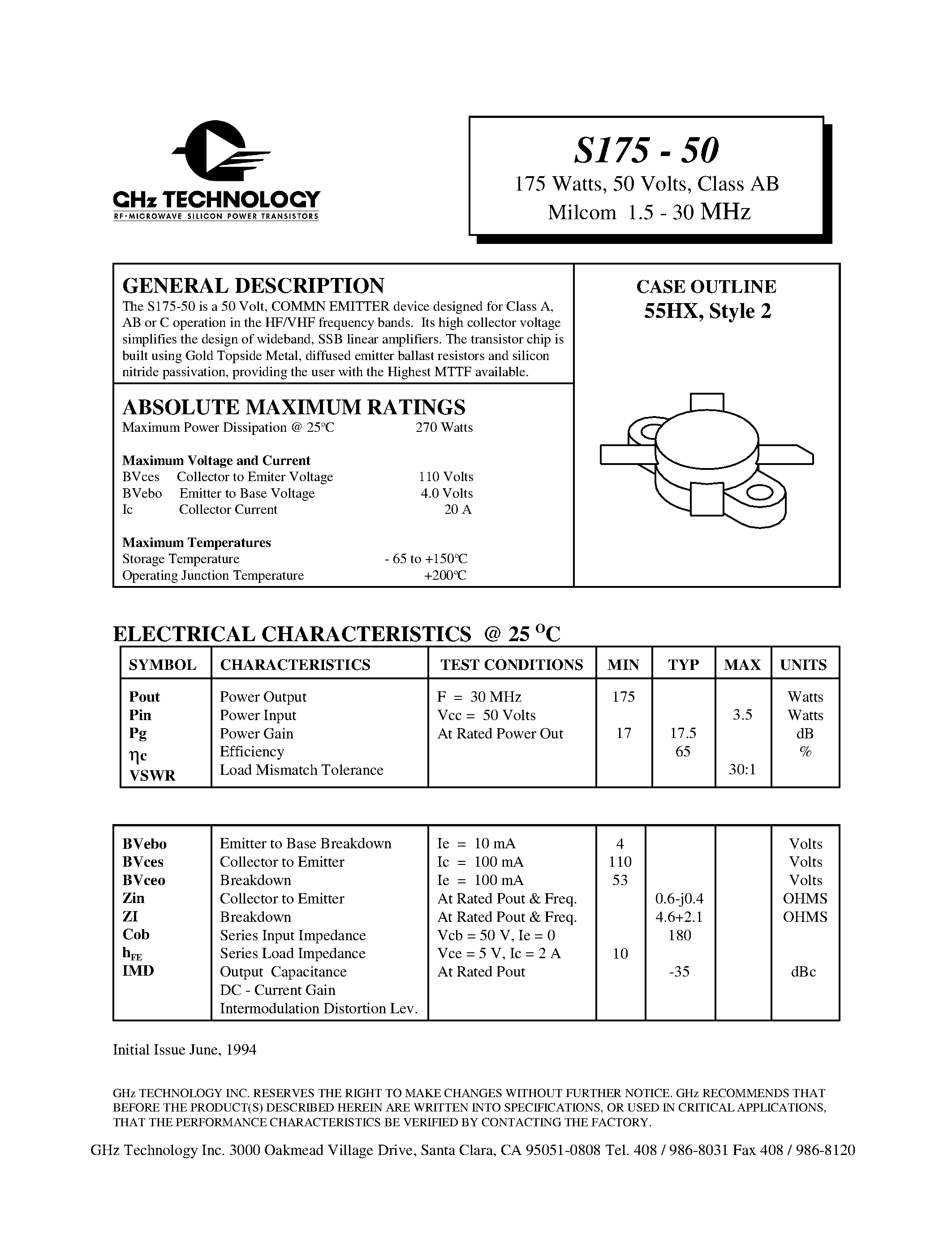 Datasheet S175-50 page 1 Datasheet S175-50 - 175 Watts/ 50 Volts/ Class AB Milcom 1.5 - 30 MHz page 1