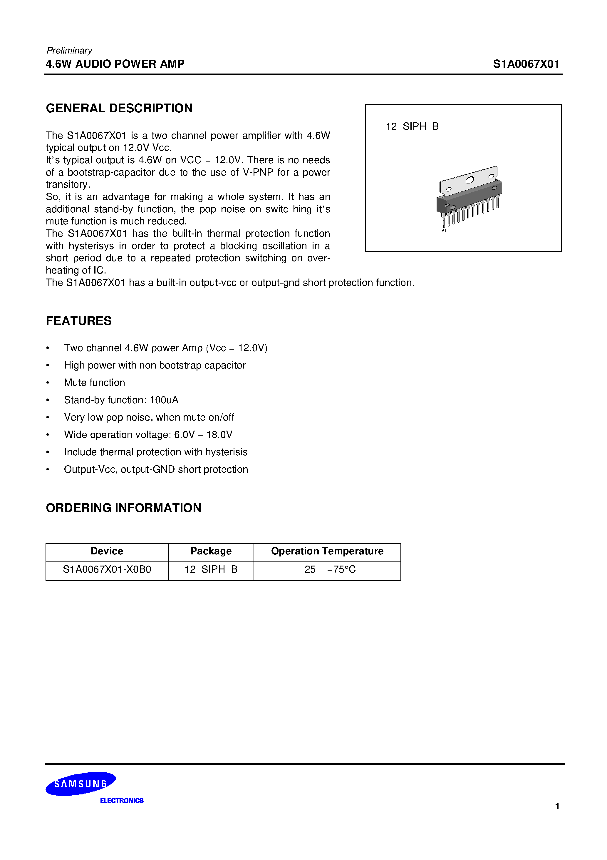 Datasheet S1A0067X01 - 4.6W AUDIO POWER AMP page 1