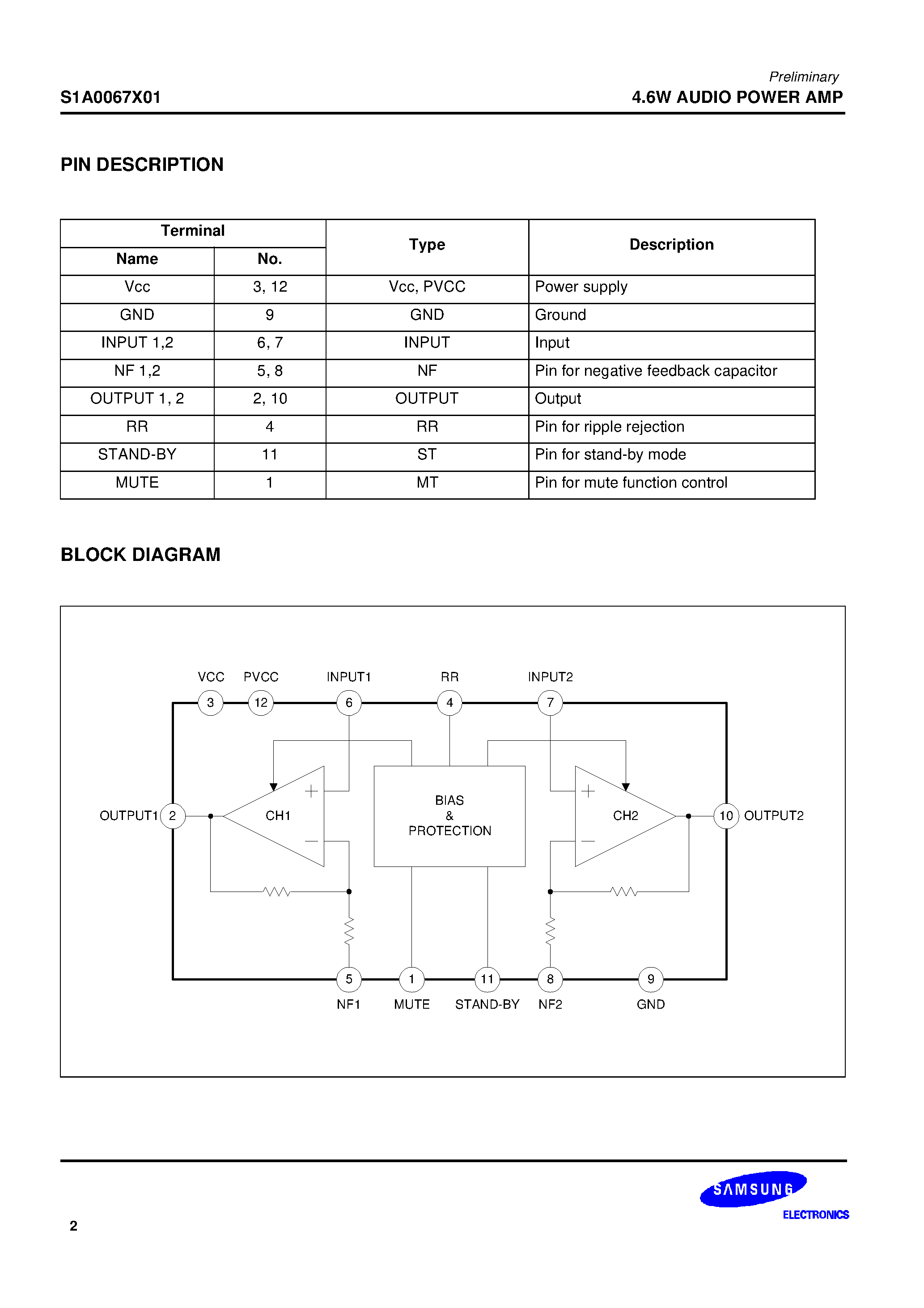 Datasheet S1A0067X01-X0BO page 2 Datasheet S1A0067X01-X0BO - 4.6W AUDIO POWER AMP page 2