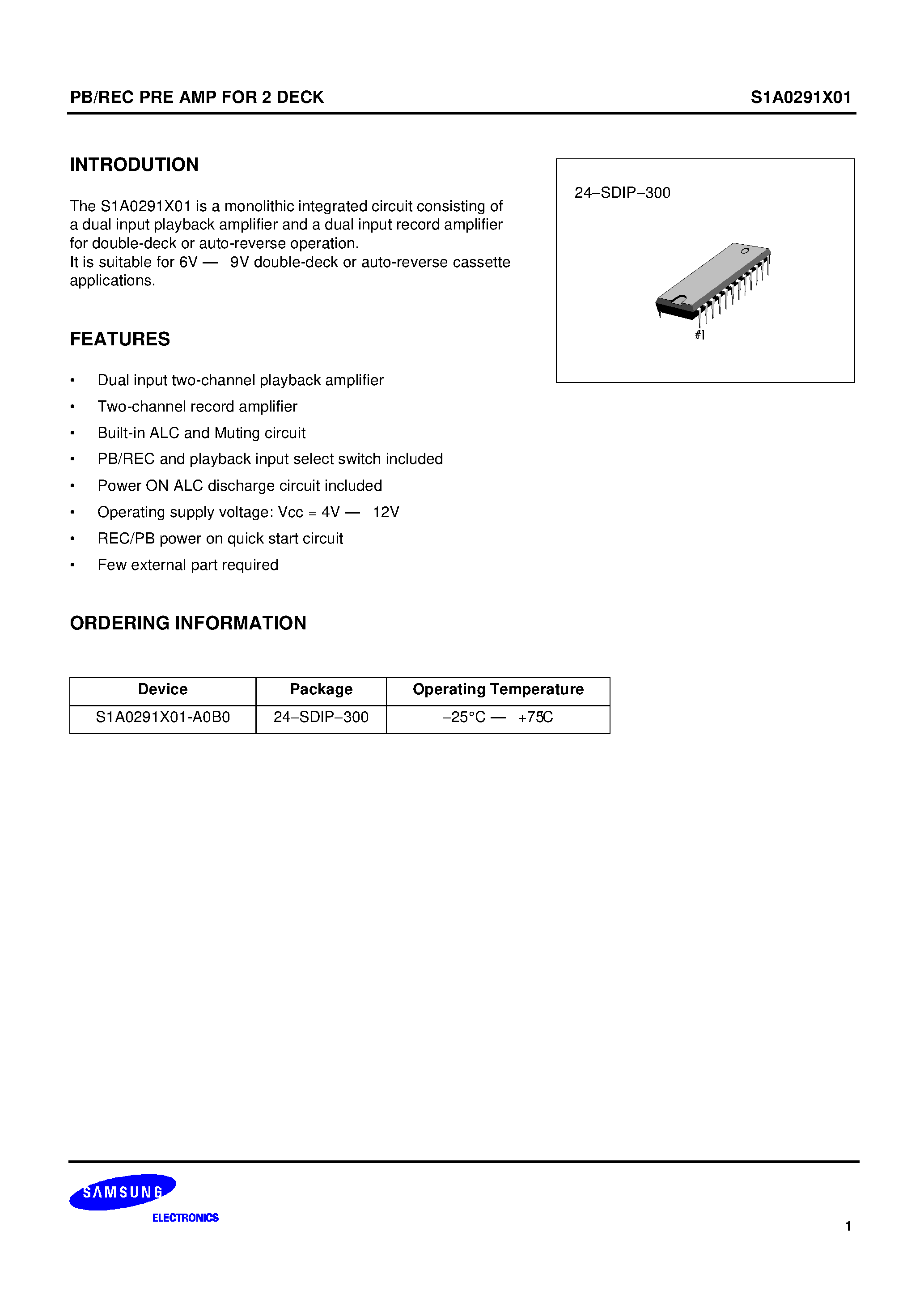 Datasheet S1A0291X01 - PB/REC PRE AMP FOR 2 DECK page 1