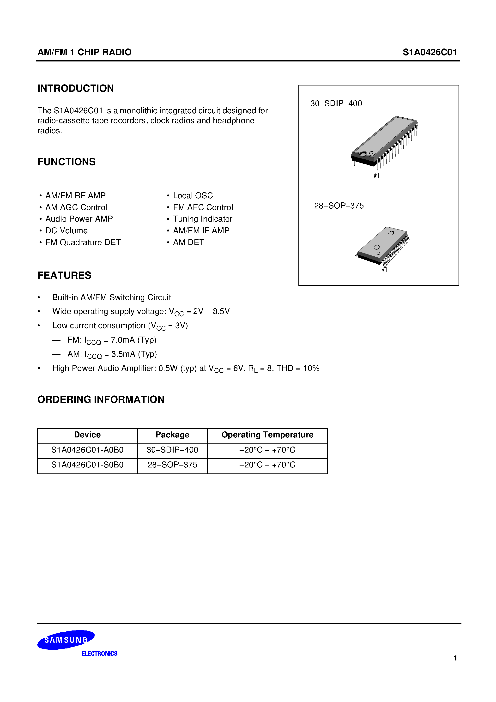 Даташит на микросхему S1A0426C01 страница 1 Даташит S1A0426C01 - AM/FM 1 CHIP RADIO страница 1