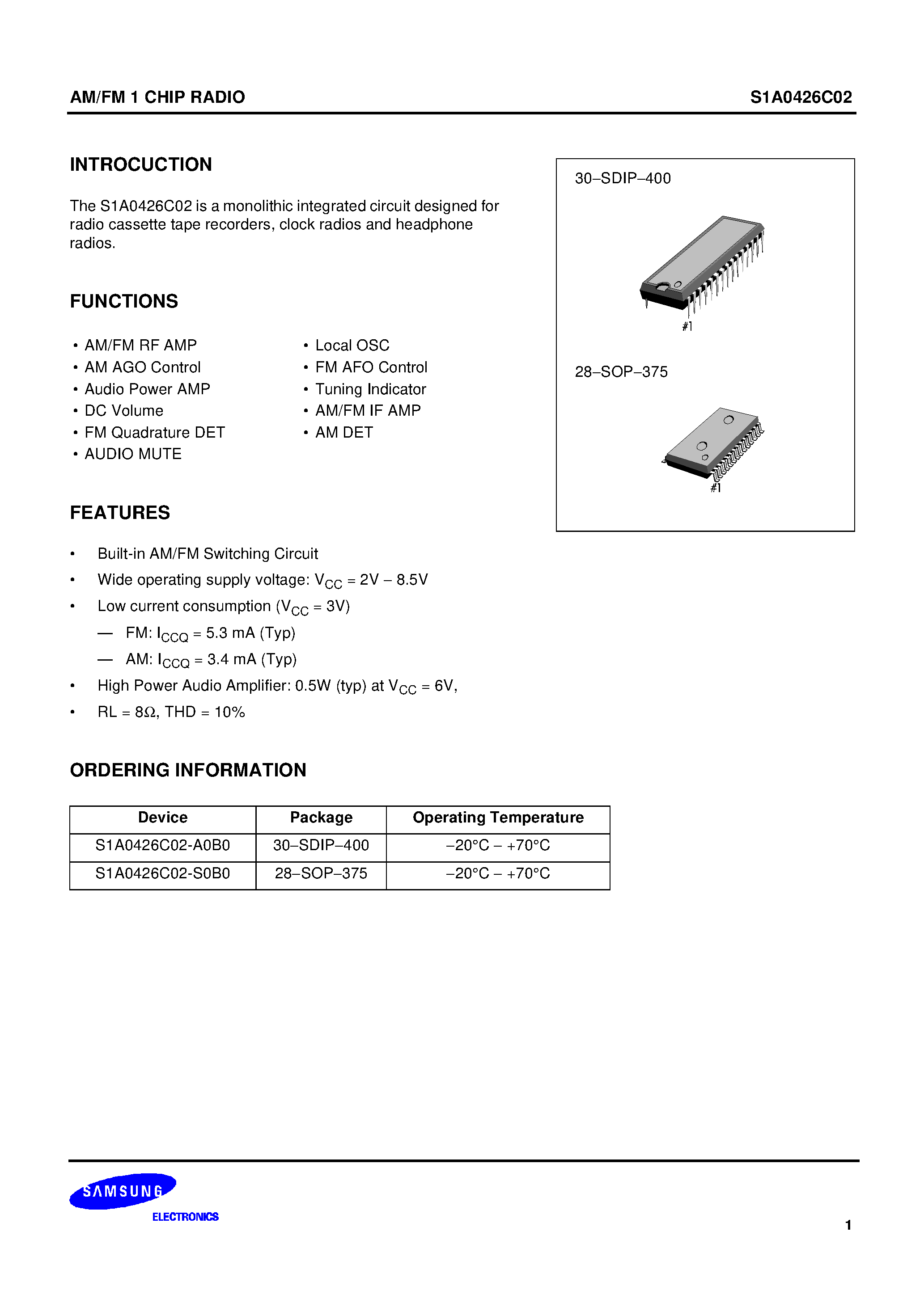Даташит на микросхему S1A0426C02-A0B0 страница 1 Даташит S1A0426C02-A0B0 - AM/FM 1 CHIP RADIO страница 1