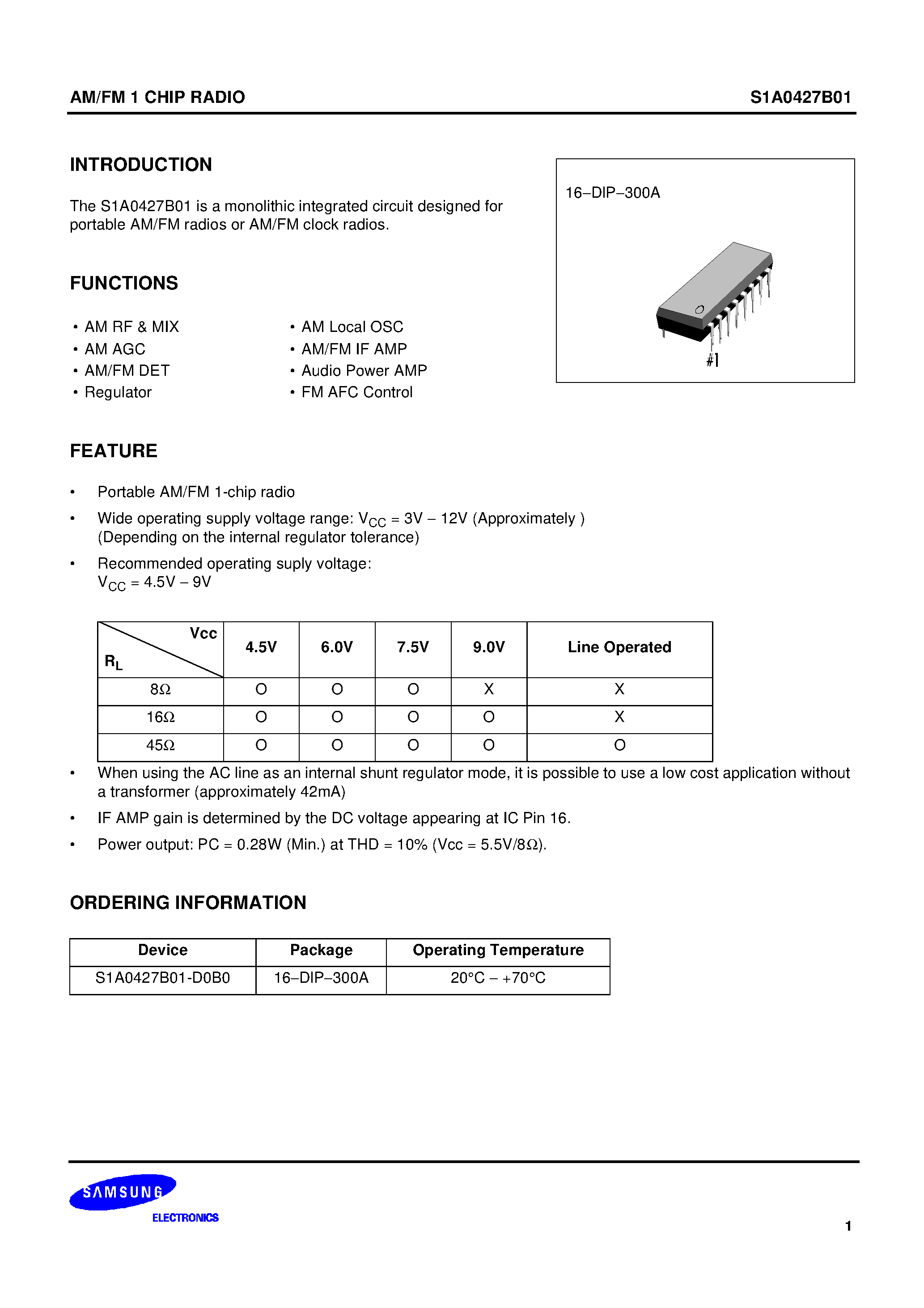 Даташит на микросхему S1A0427B01 страница 1 Даташит S1A0427B01 - AM/FM 1 CHIP RADIO страница 1