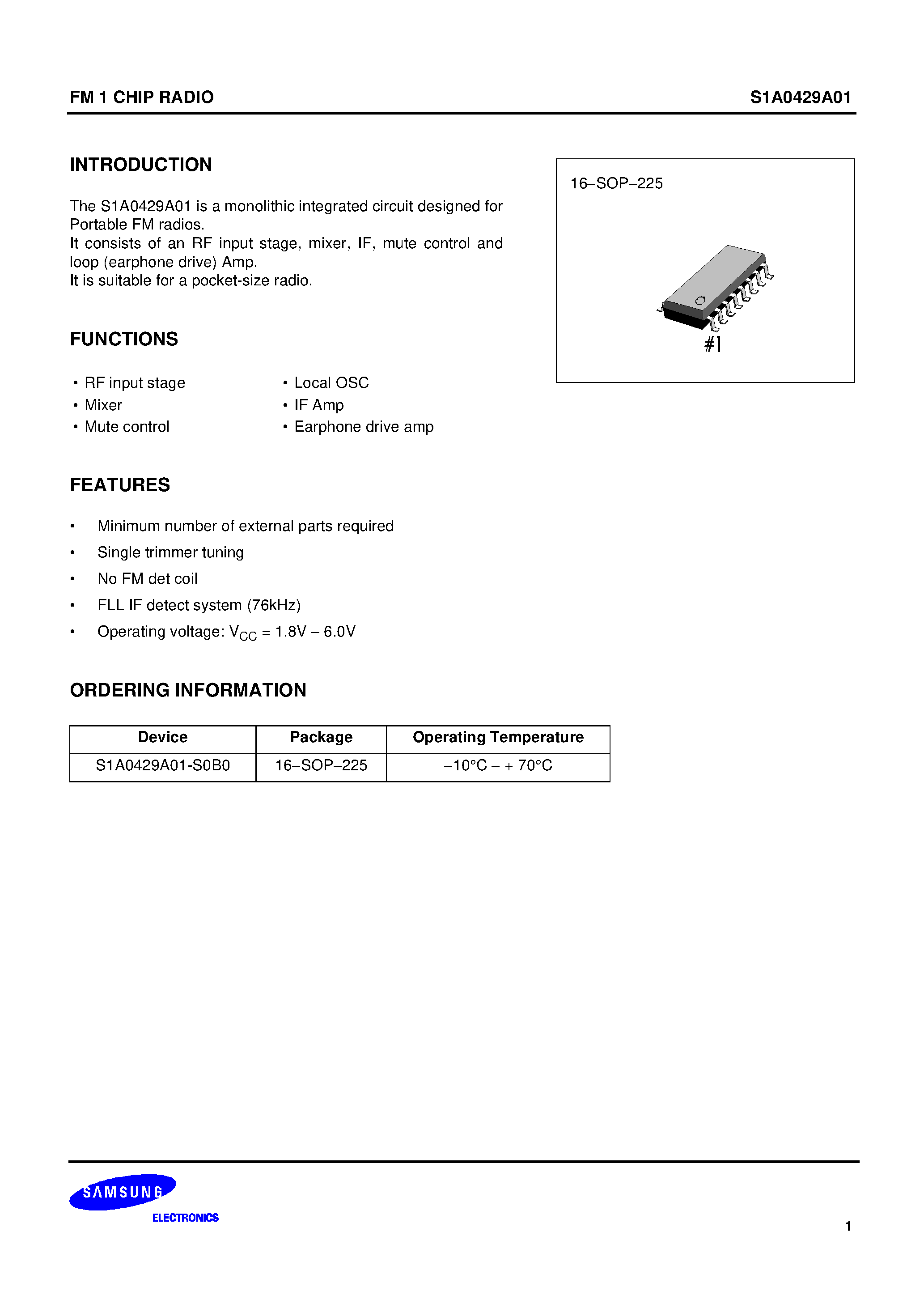 Даташит на микросхему S1A0429A01 страница 1 Даташит S1A0429A01 - FM 1 CHIP RADIO страница 1