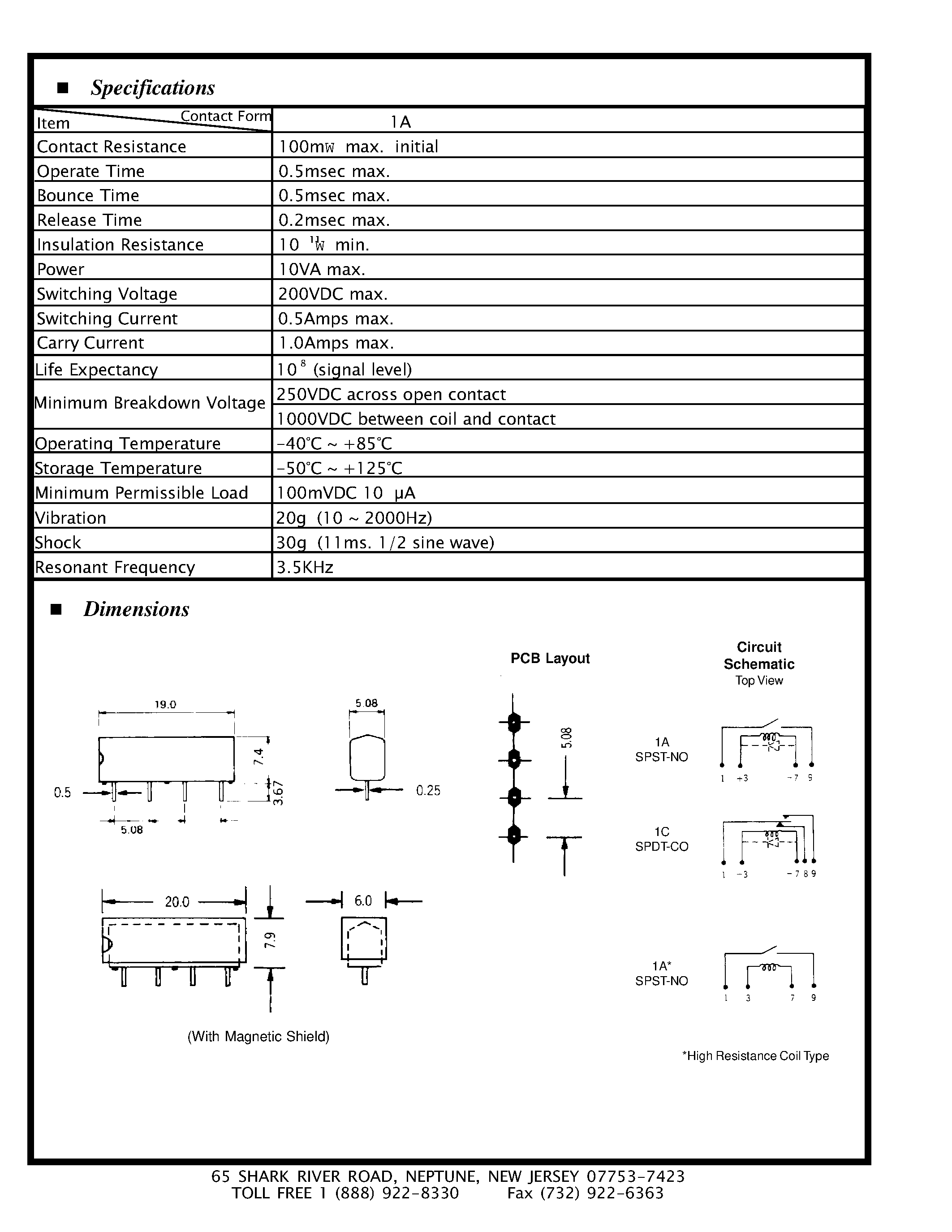 Datasheet S1A050D0 - SIP REED RELAY page 2