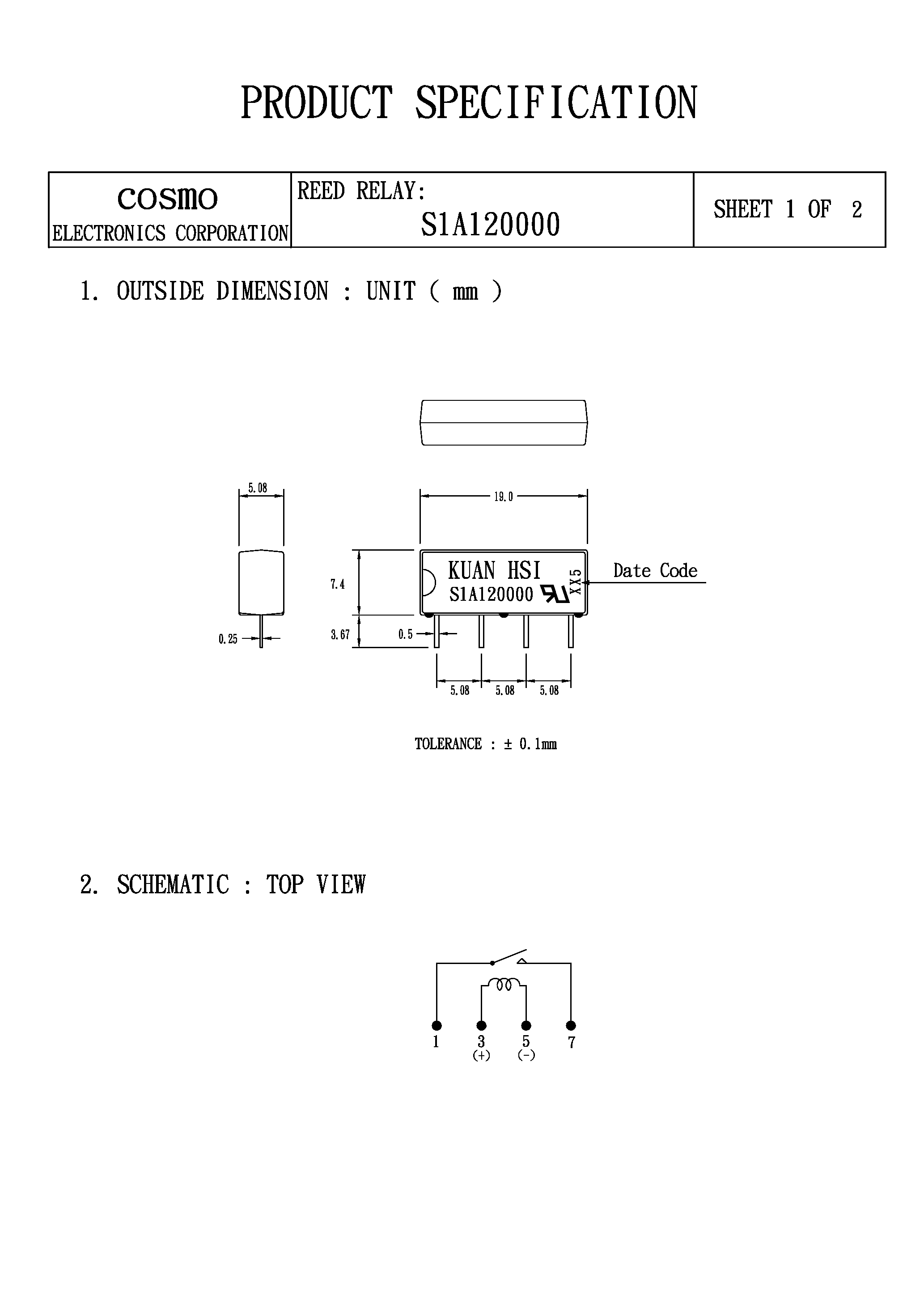 Datasheet S1A120000 - REED RELAY page 1