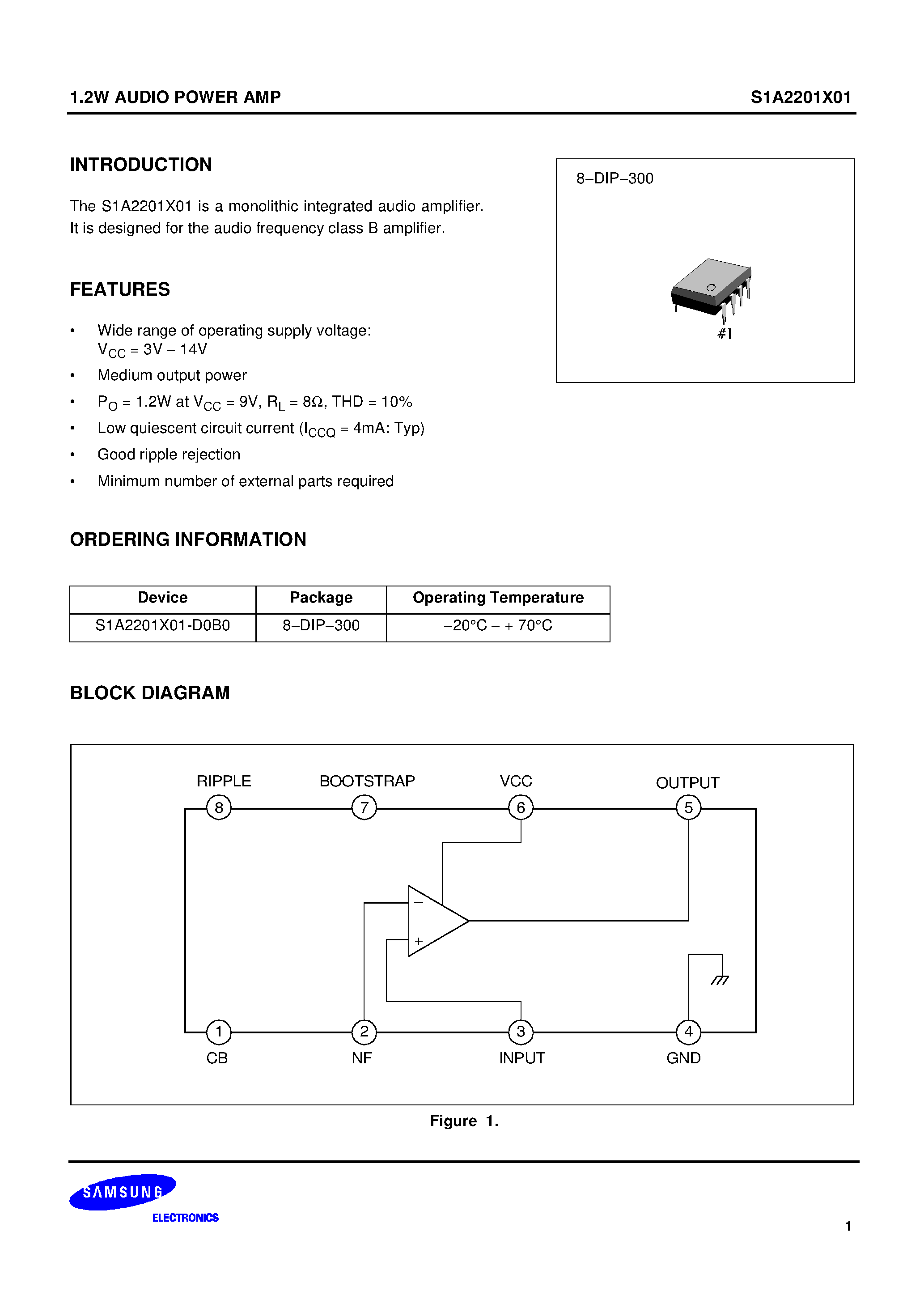 Даташит на микросхему S1A2201X01 страница 1 Даташит S1A2201X01 - 1.2W AUDIO POWER AMP страница 1
