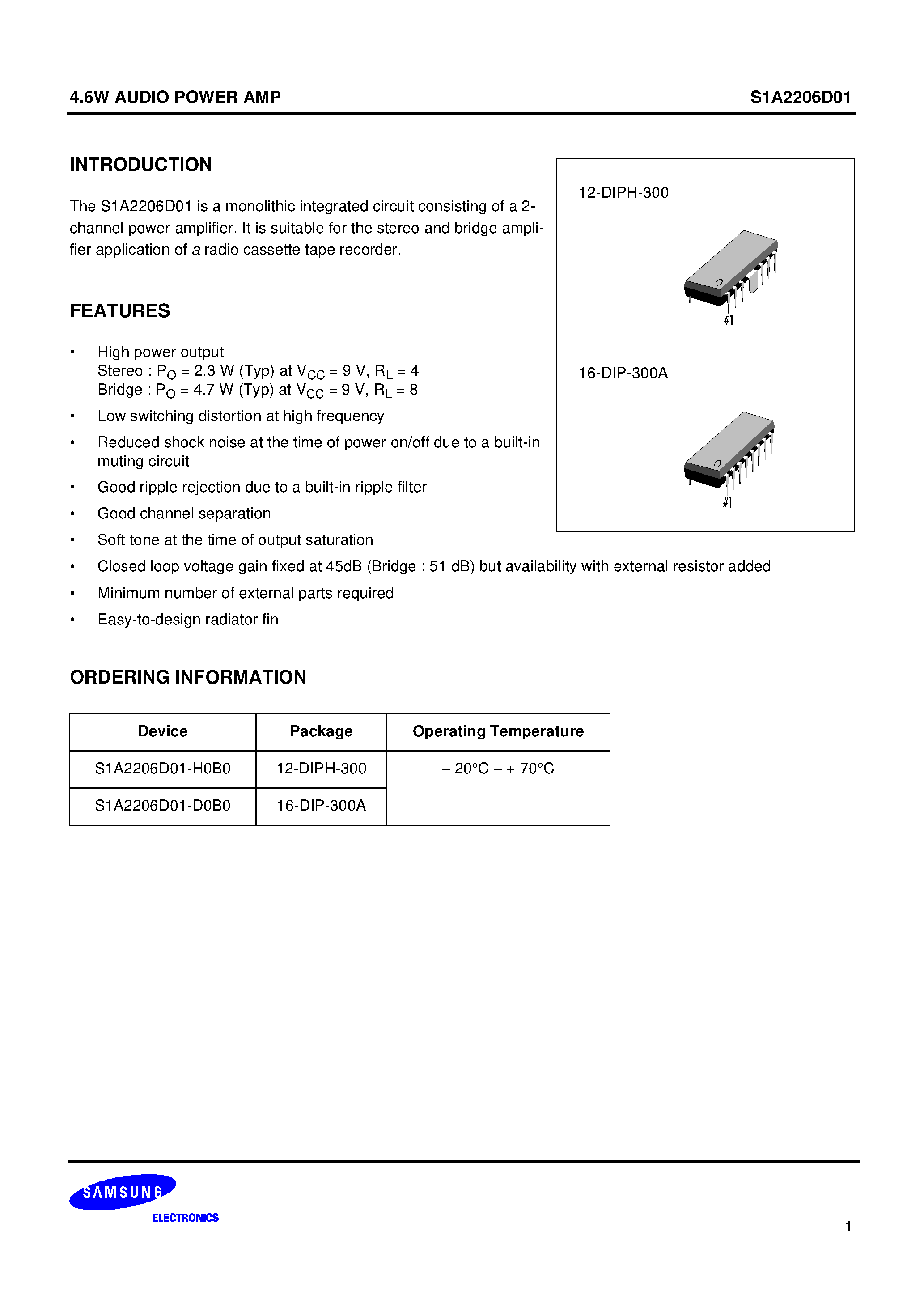 Datasheet S1A2206D01-D0B0 - 4.6W AUDIO POWER AMP page 1