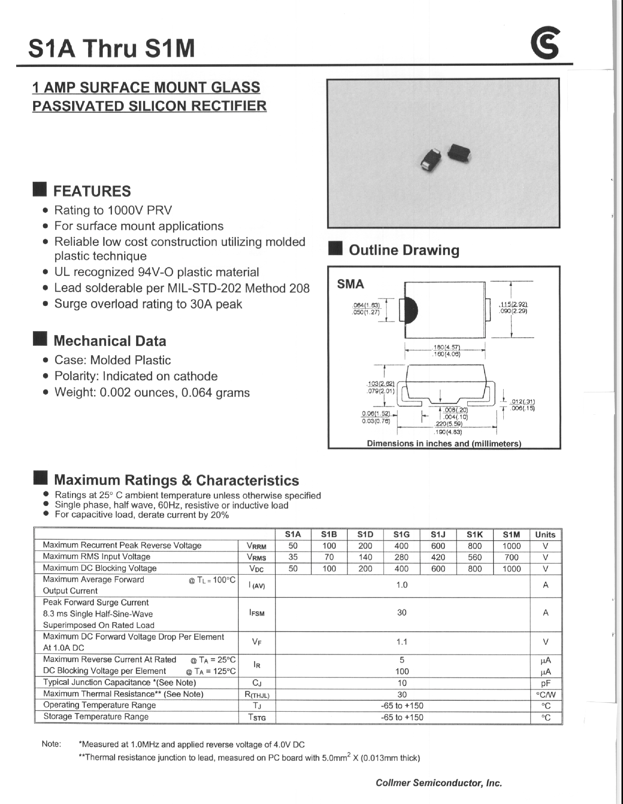 Даташит на микросхему S1B страница 1 Даташит S1B - 1 AMP SURFACE MOUNT GLASS PASSIVATED SILICON RECTIFIER страница 1