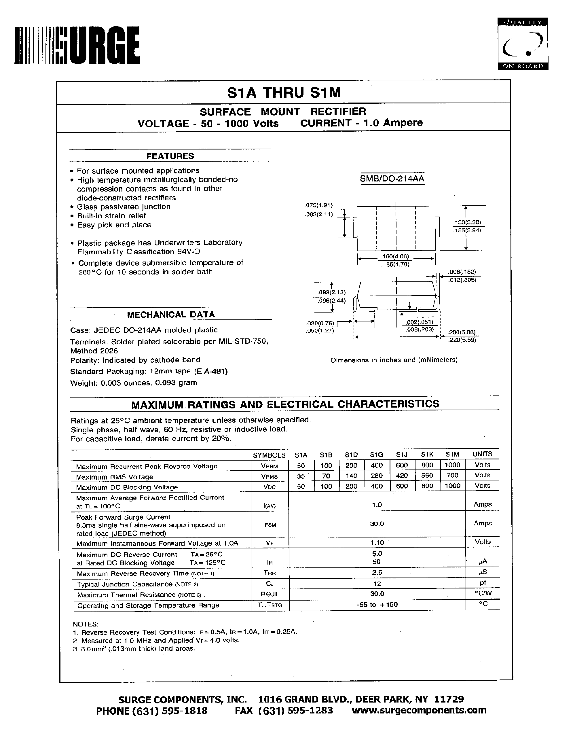 Datasheet S1B - SURFACE MOUNT RECTIFIER VOLTAGE - 50 TO 1000 Volts CURRENT - 1.0 Ampere page 1
