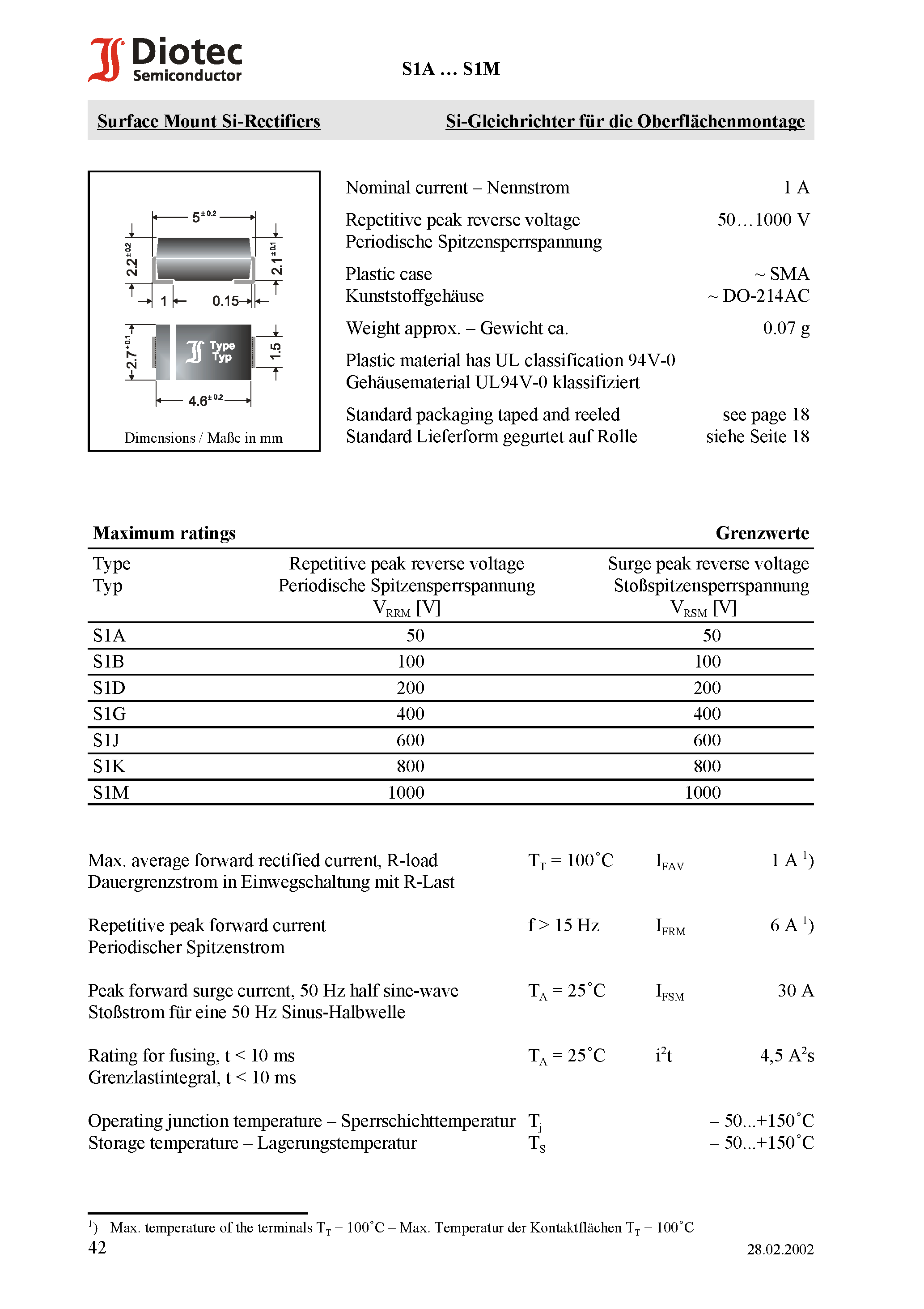 Datasheet S1D page 1 Datasheet S1D - Surface Mount Si-Rectifiers page 1