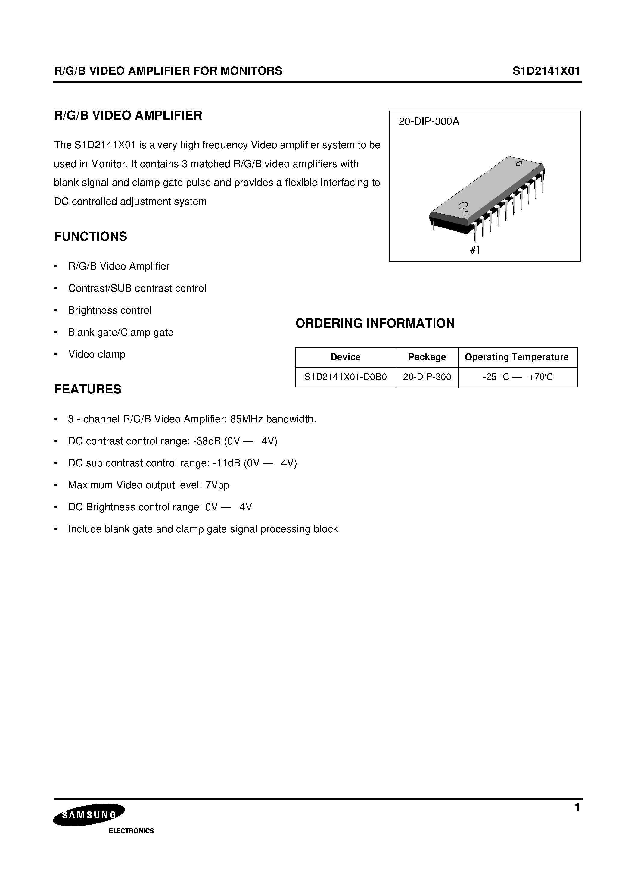 Datasheet S1D2141X01-D0B0 page 1 Datasheet S1D2141X01-D0B0 - R/G/B VIDEO AMPLIFIER FOR MONITORS page 1