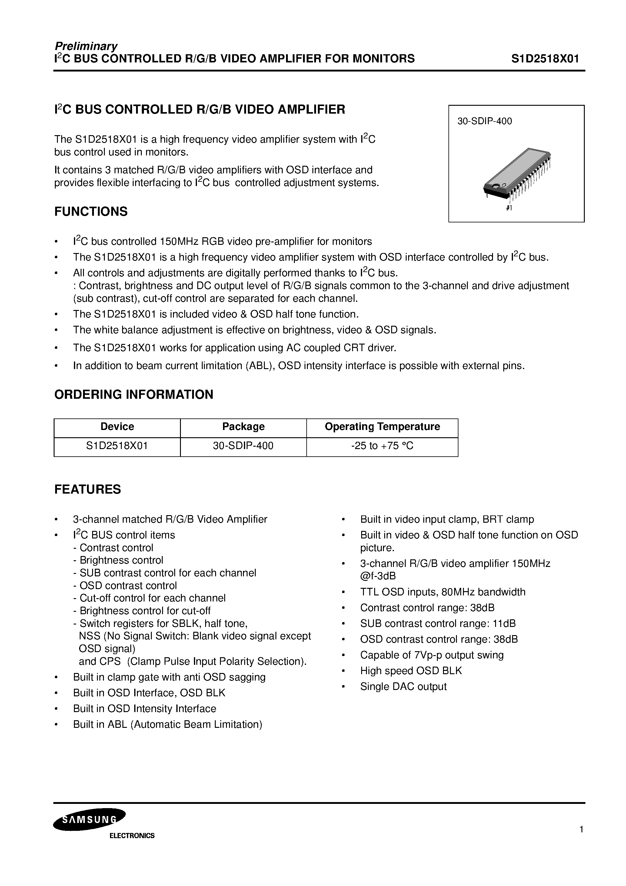 Datasheet S1D2518X01 - I2C BUS CONTROLLED R/G/B VIDEO AMPLIFIER page 2
