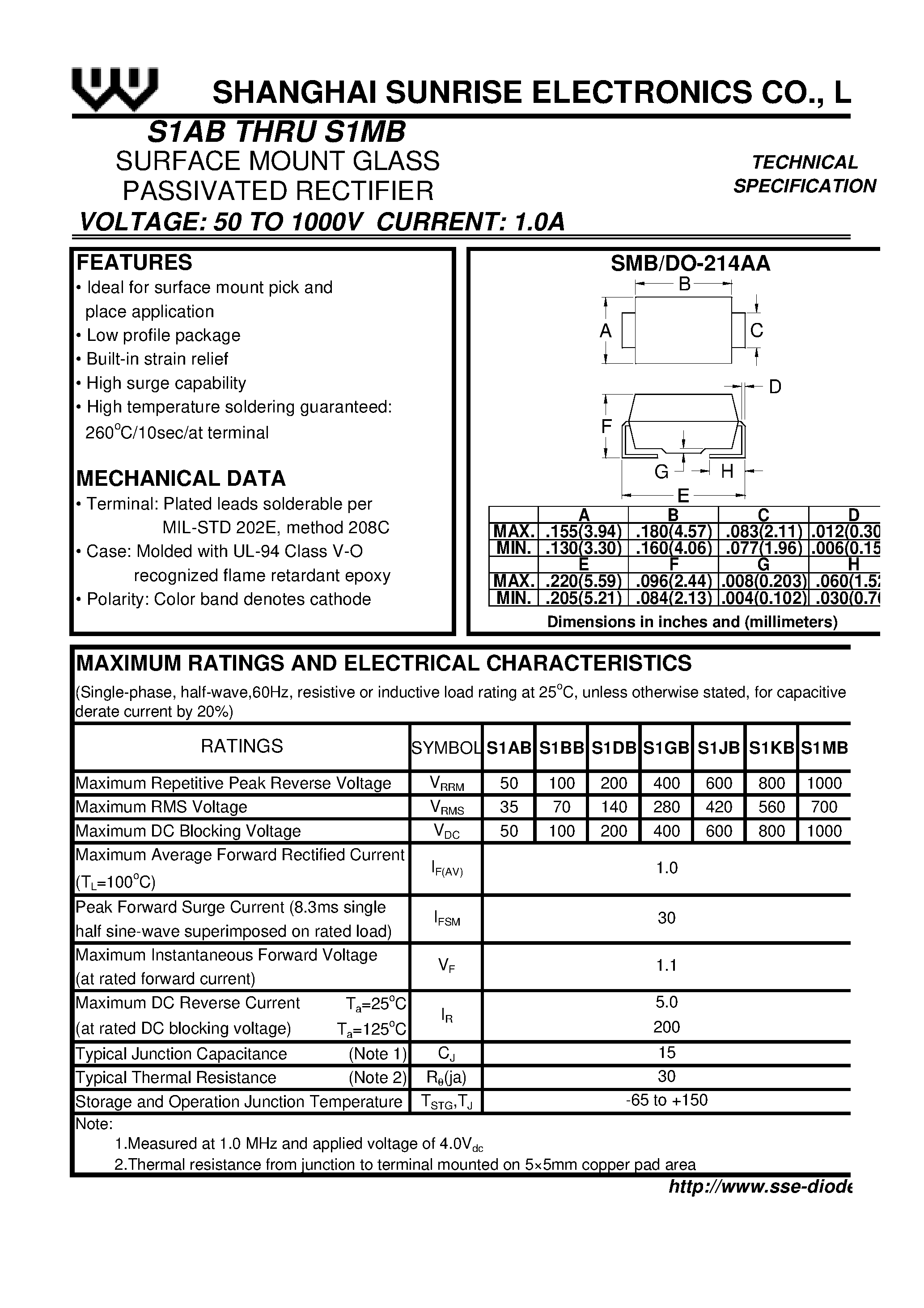 Datasheet S1GB page 1 Datasheet S1GB - SURFACE MOUNT GLASS PASSIVATED RECTIFIER page 1