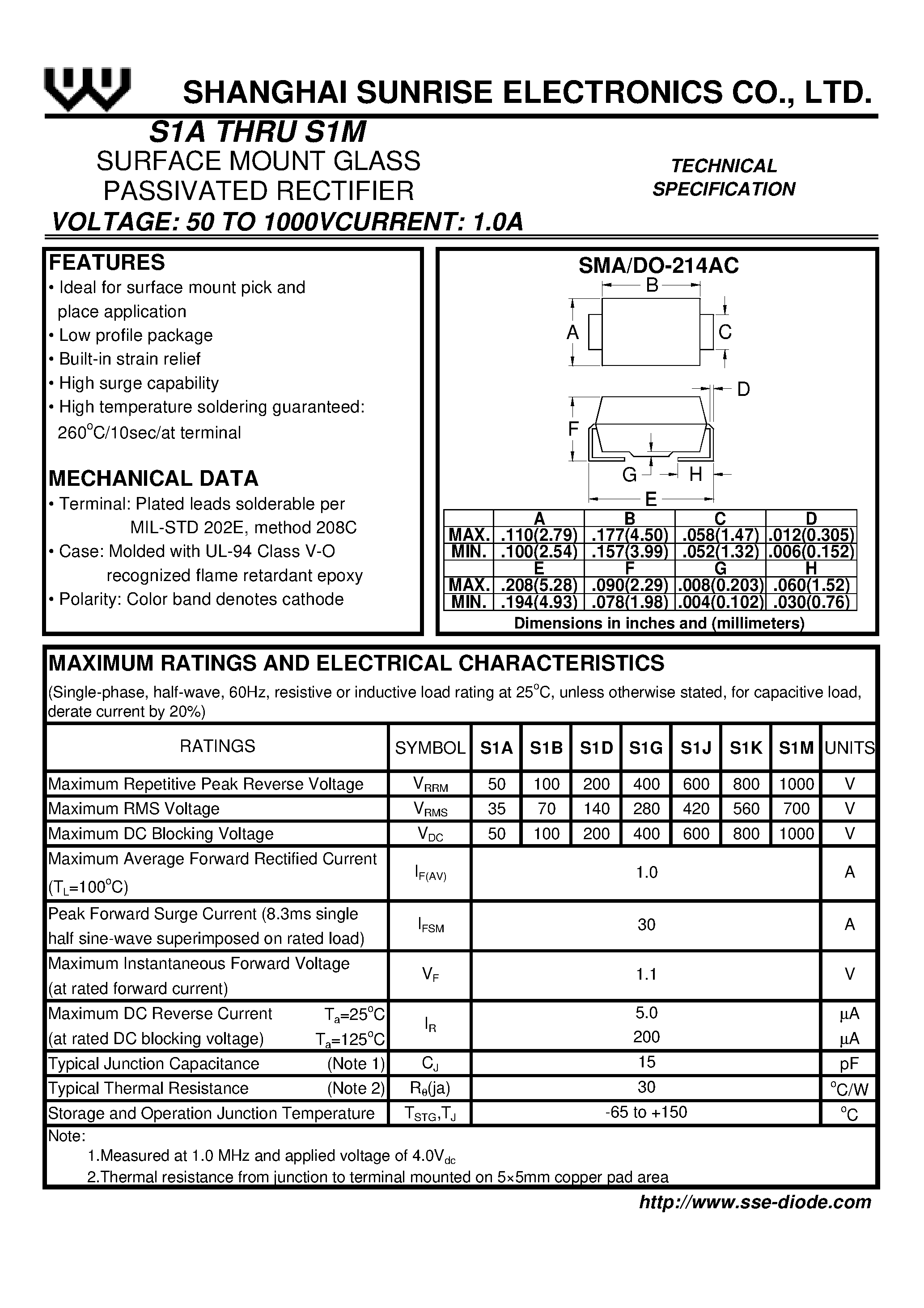 Datasheet S1K page 1 Datasheet S1K - SURFACE MOUNT GLASS PASSIVATED RECTIFIER page 1