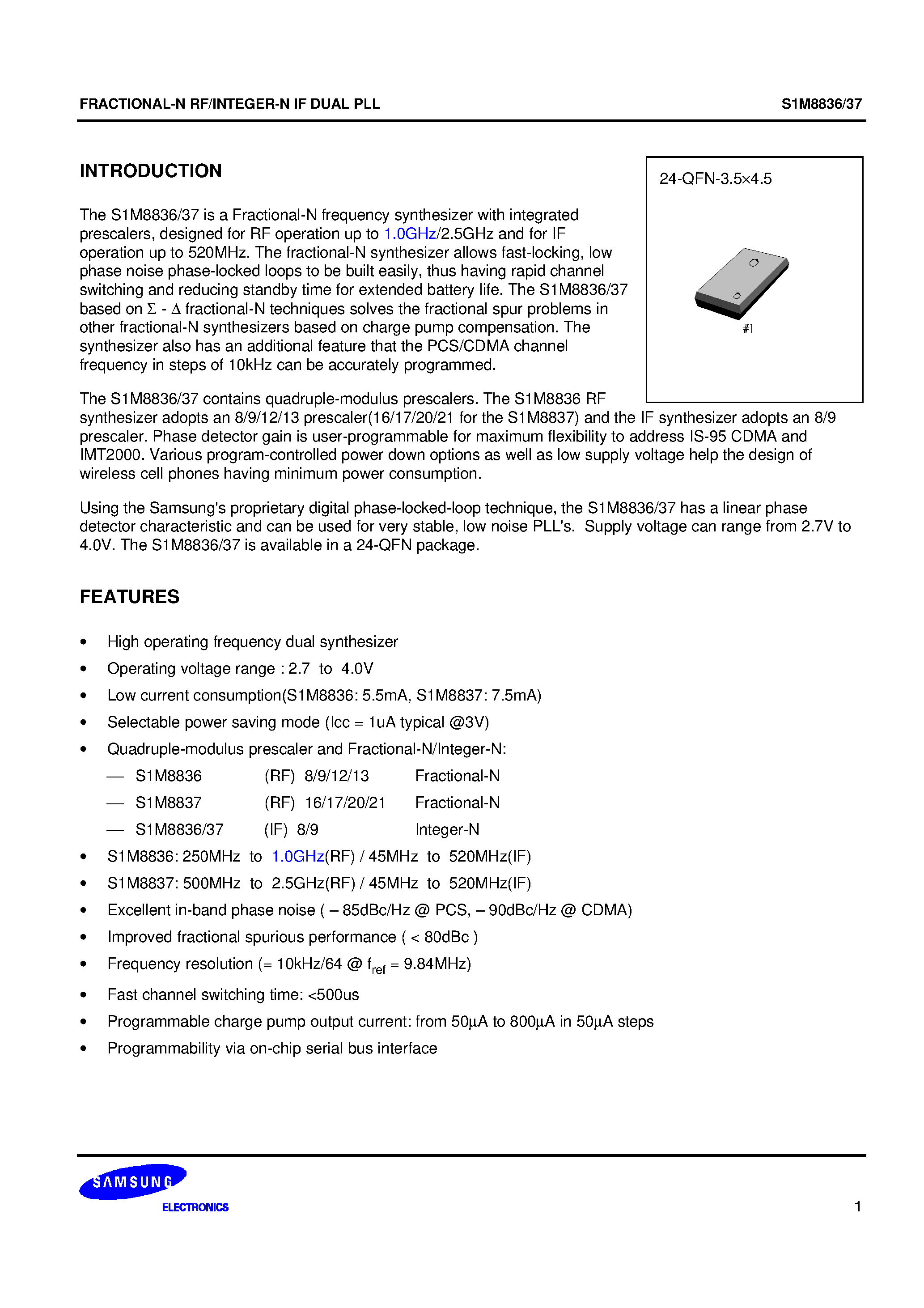 Datasheet S1M8837 - FRACTIONAL-N RF/INTEGER-N IF DUAL PLL page 1
