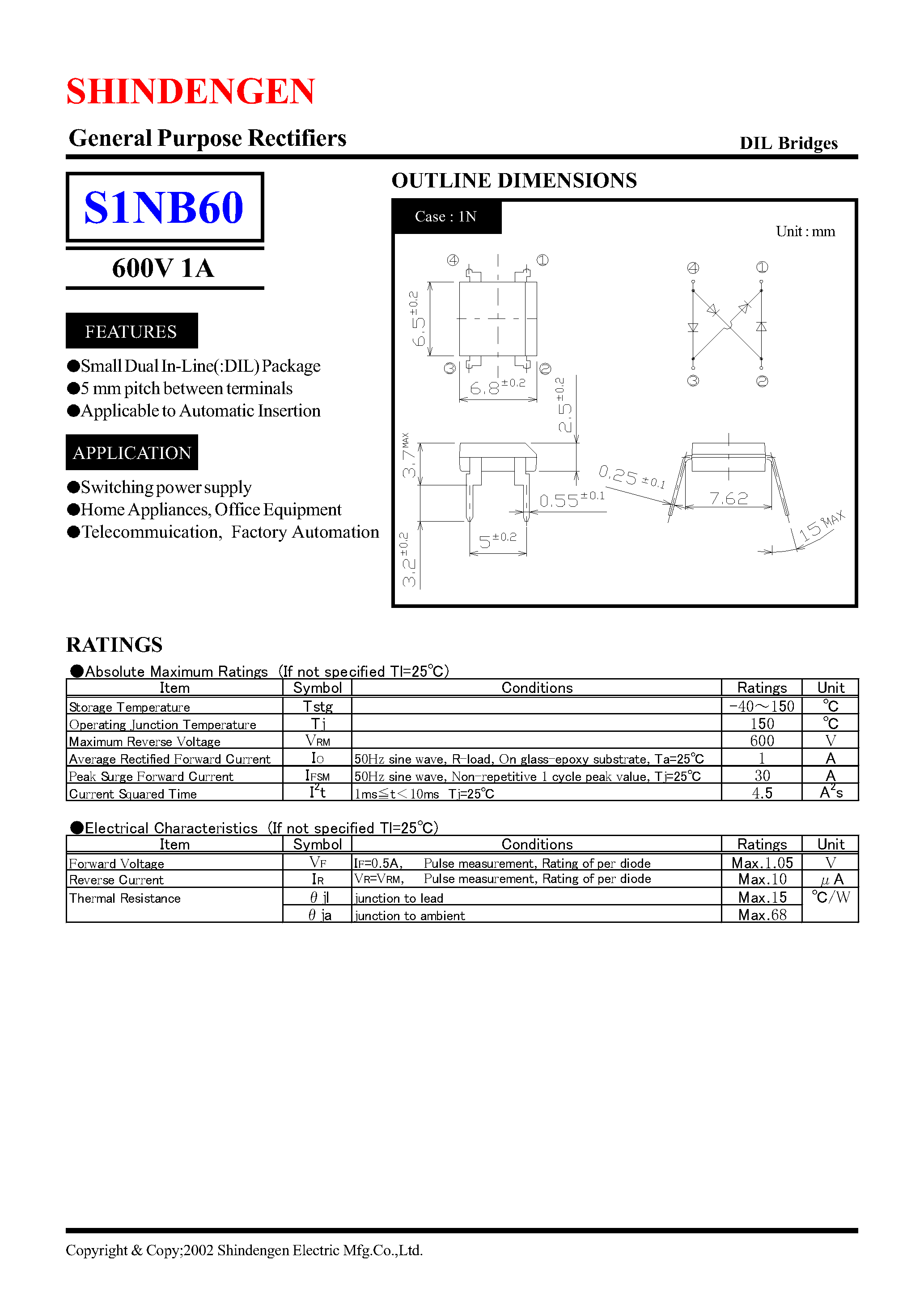 Datasheet S1NB60 - General Purpose Rectifiers(600V 1A) page 1