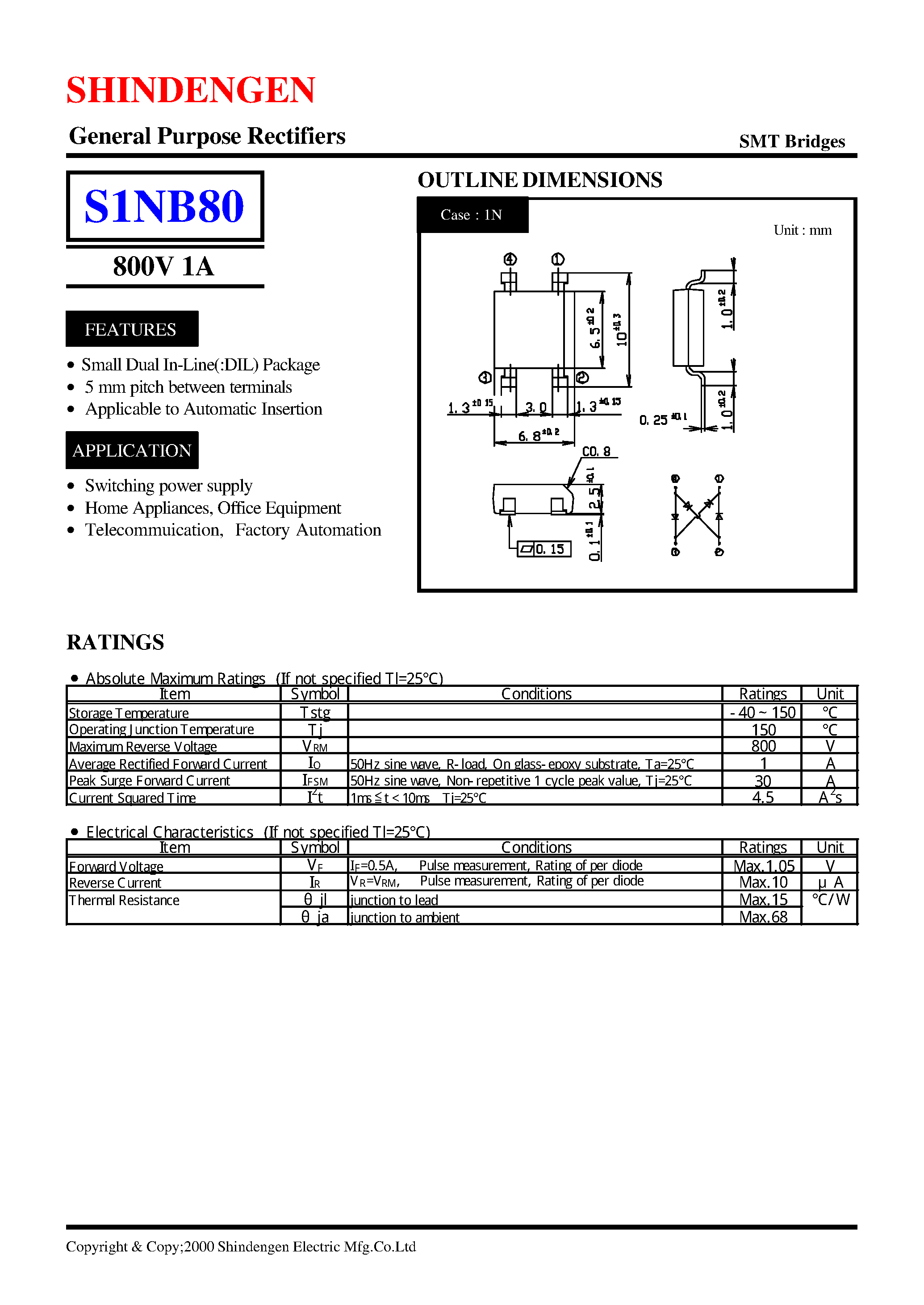 Datasheet S1NB80 - General Purpose Rectifiers(800V 1A) page 1