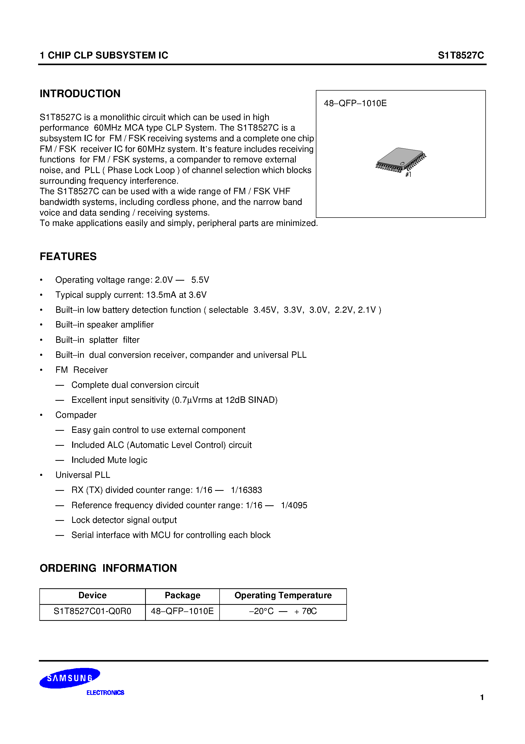 Даташит S1T8527C01-Q0R0 - 1 CHIP CLP SUBSYSTEM IC страница 1
