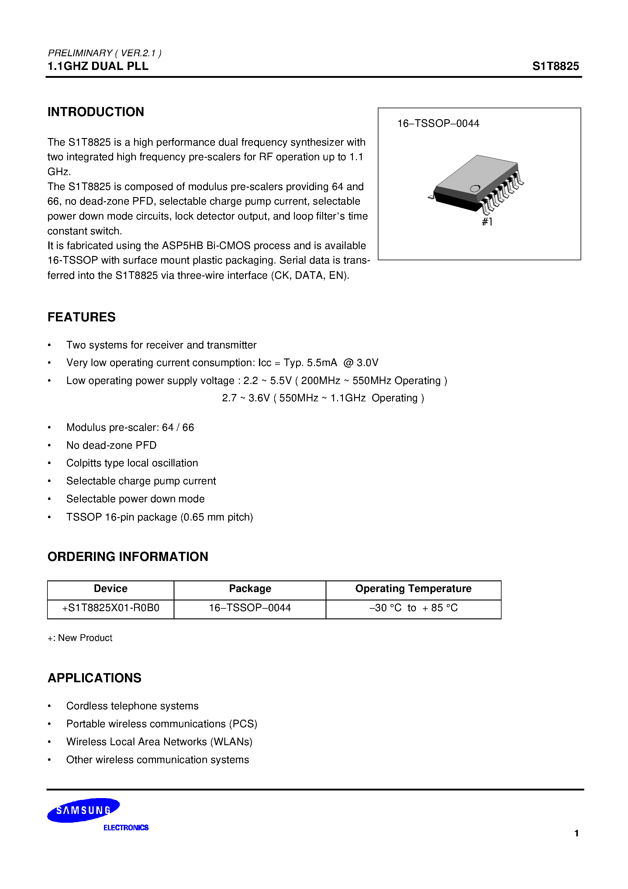 Даташит S1T8825X01-R0B0 - 1.1GHZ DUAL PLL страница 1
