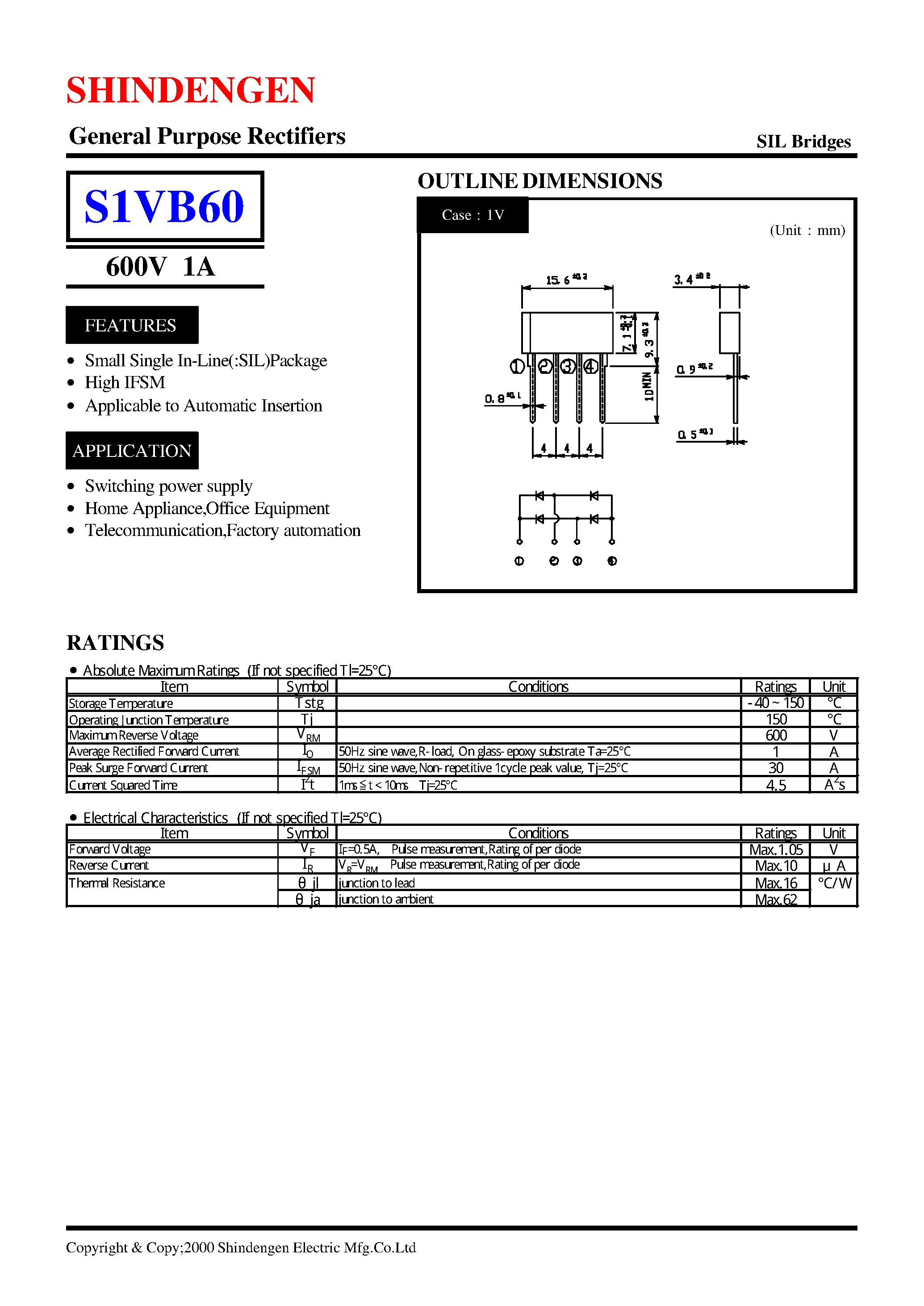 Datasheet S1VB60 page 1 Datasheet S1VB60 - General Purpose Rectifiers(600V 1A) page 1