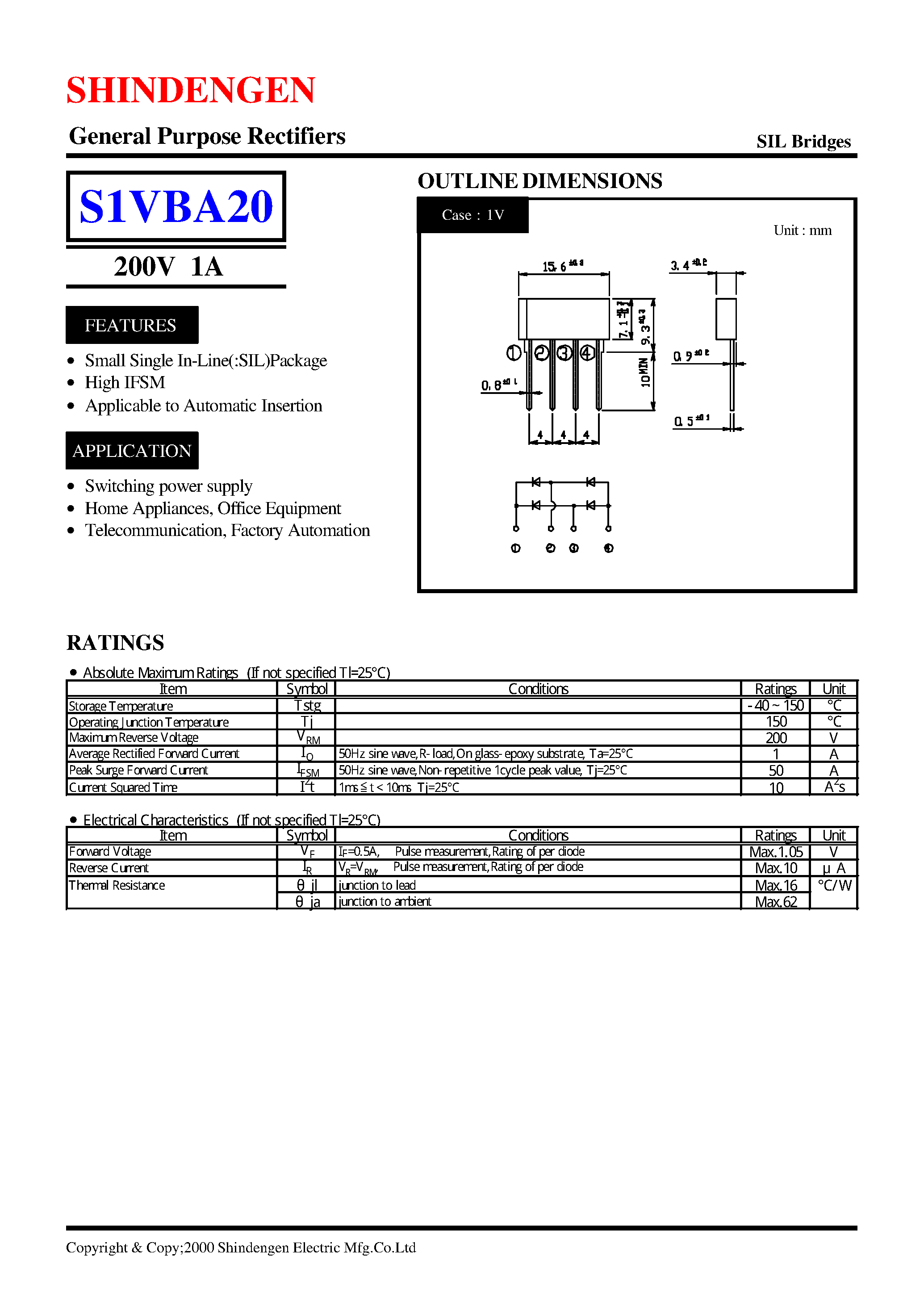 Datasheet S1VBA20 - General Purpose Rectifiers(200V 1A) page 1