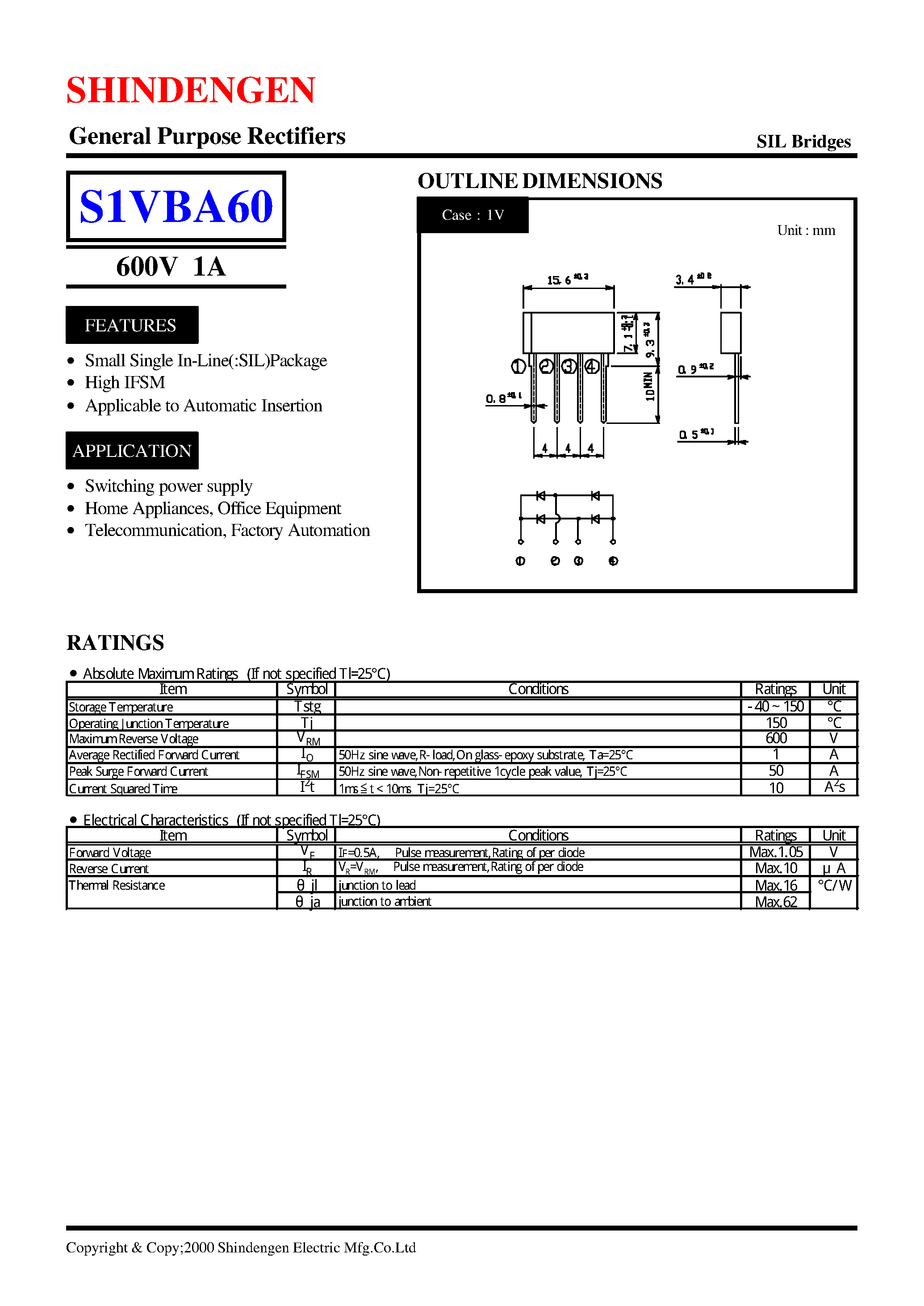 Datasheet S1VBA60 - General Purpose Rectifiers(600V 1A) page 1
