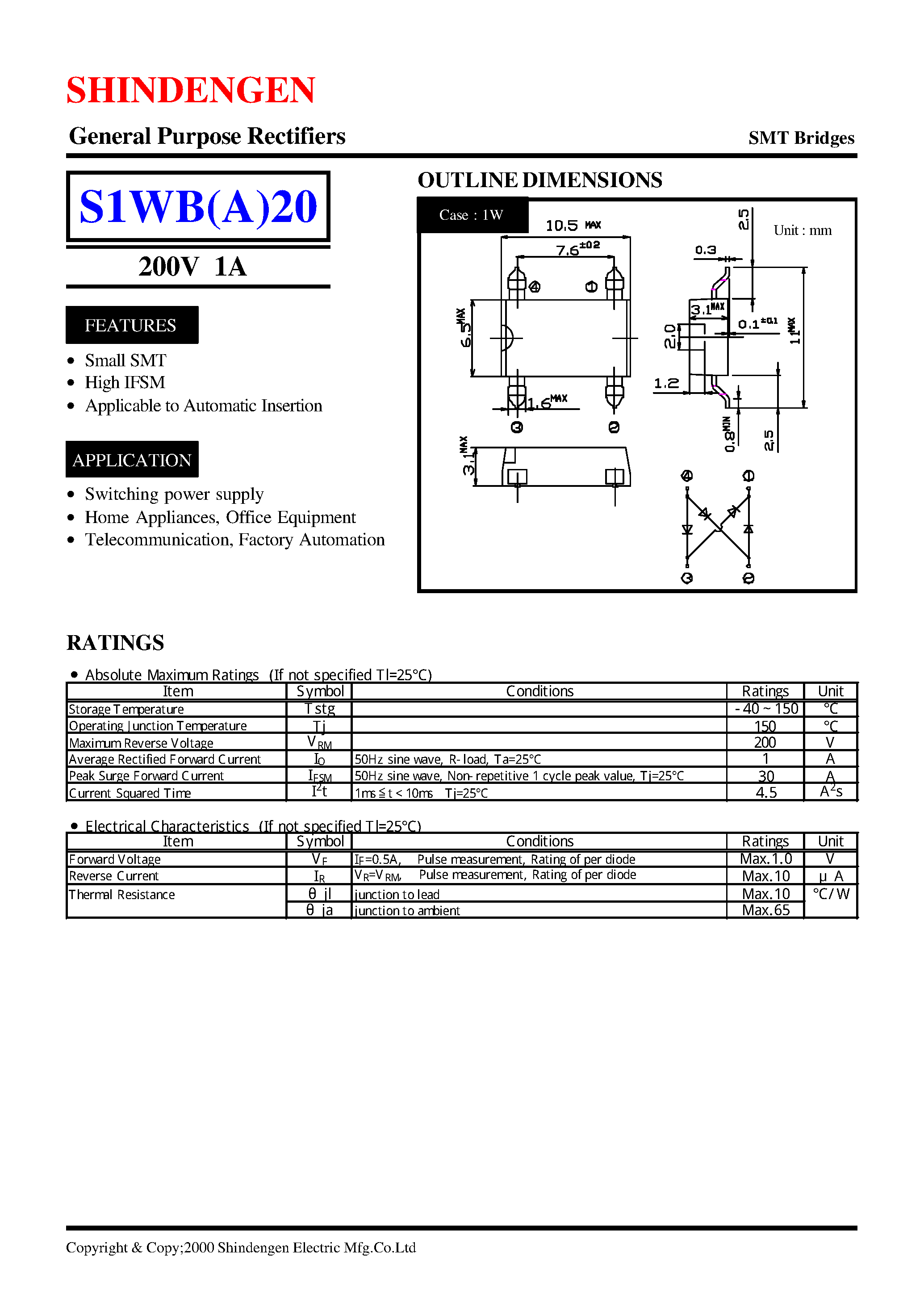 Datasheet S1WB20 page 1 Datasheet S1WB20 - General Purpose Rectifiers(200V 1A) page 1