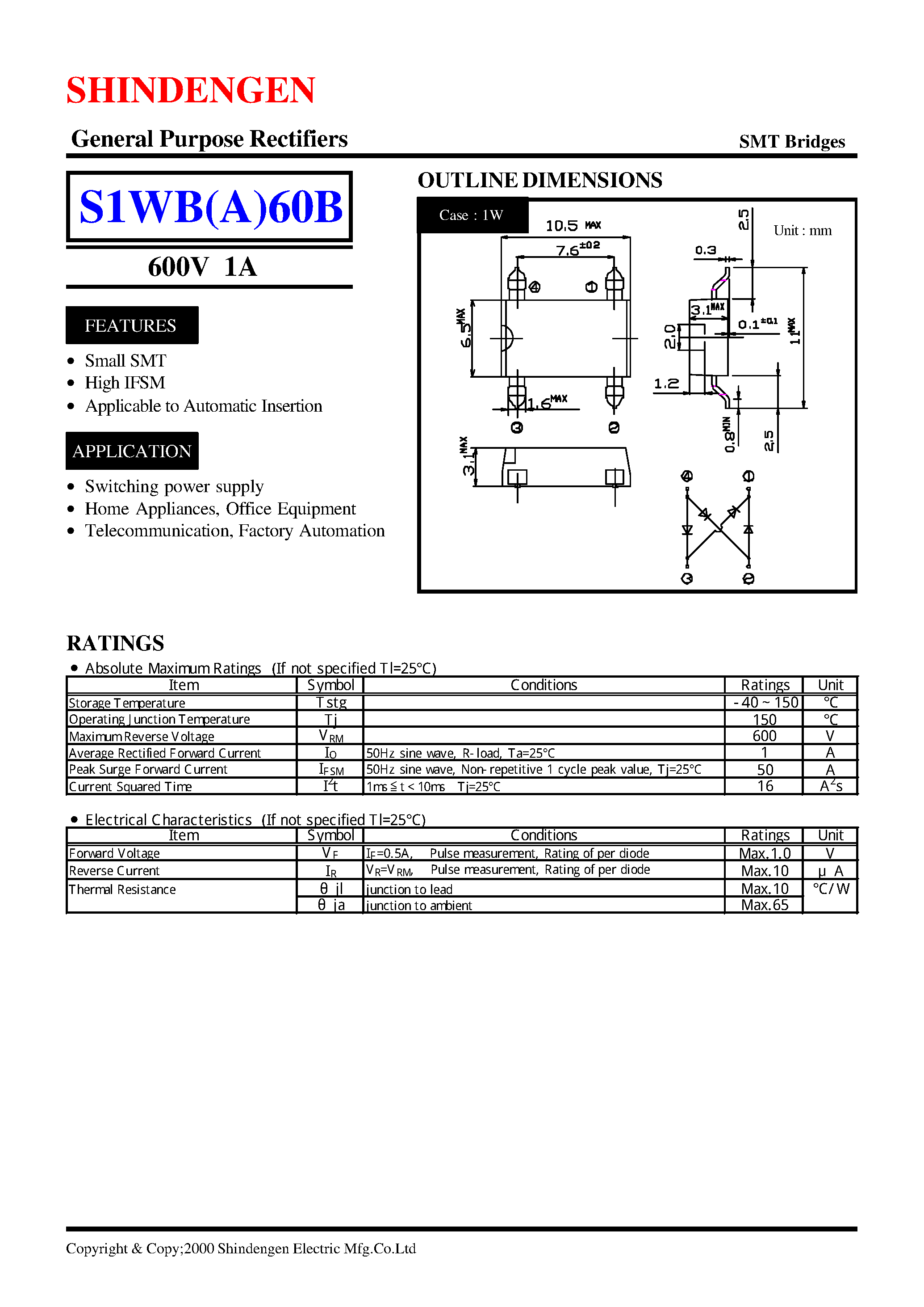 Datasheet S1WB60B page 1 Datasheet S1WB60B - General Purpose Rectifiers(600V 1A) page 1