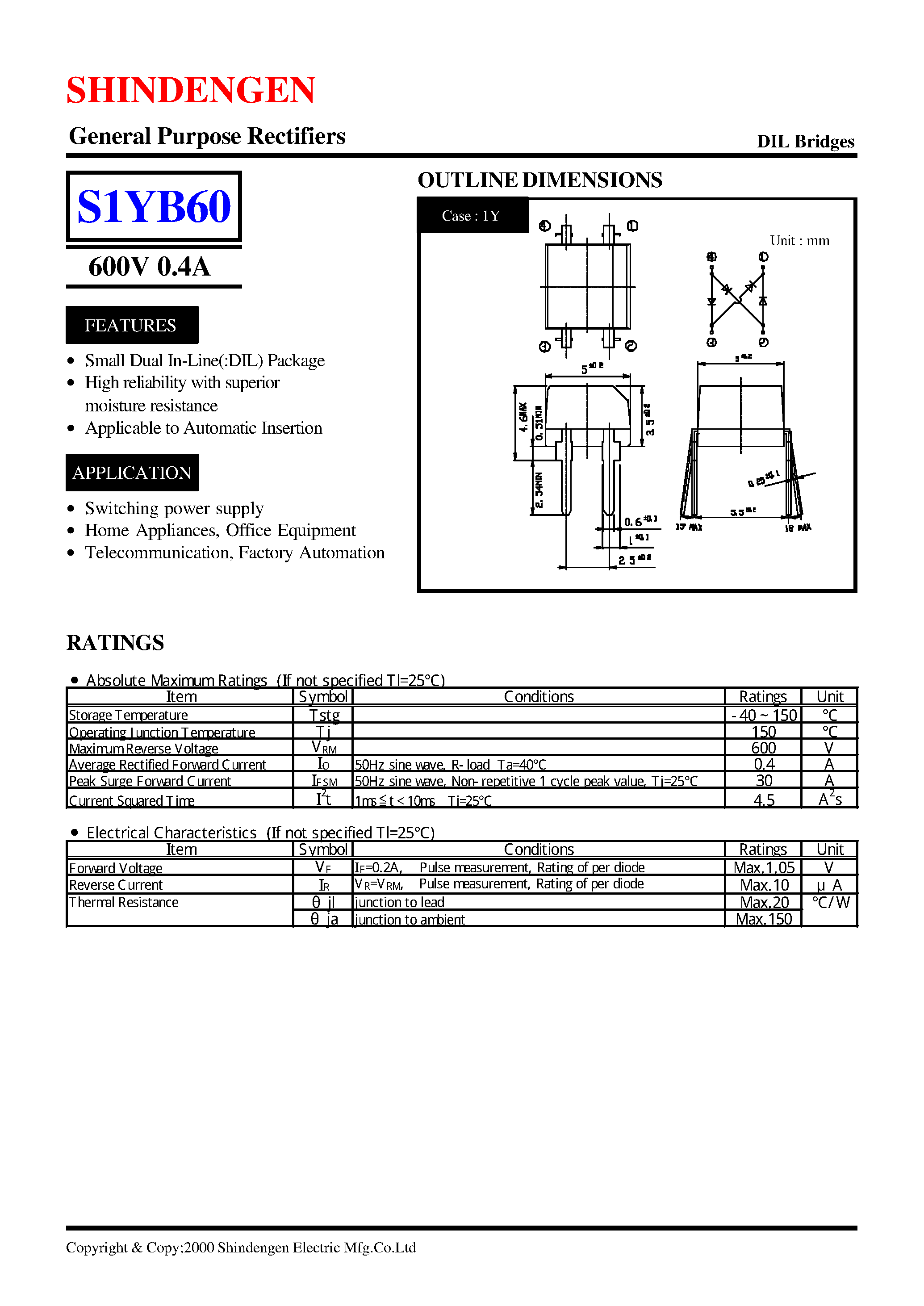 Datasheet S1YB60 - General Purpose Rectifiers(600V 0.4A) page 1