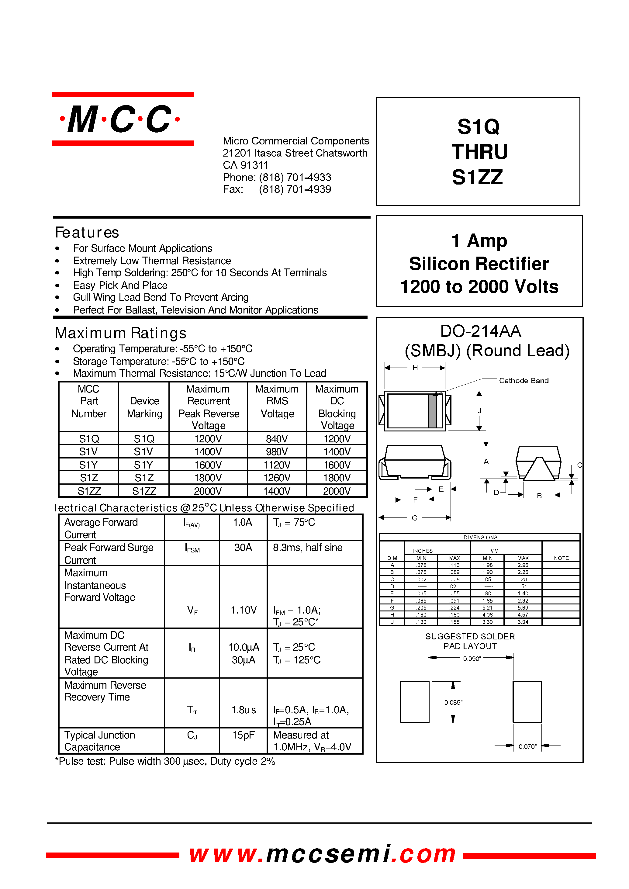 Даташит на микросхему S1Z страница 1 Даташит S1Z - 1 Amp Silicon Rectifier 1200 to 2000 Volts страница 1