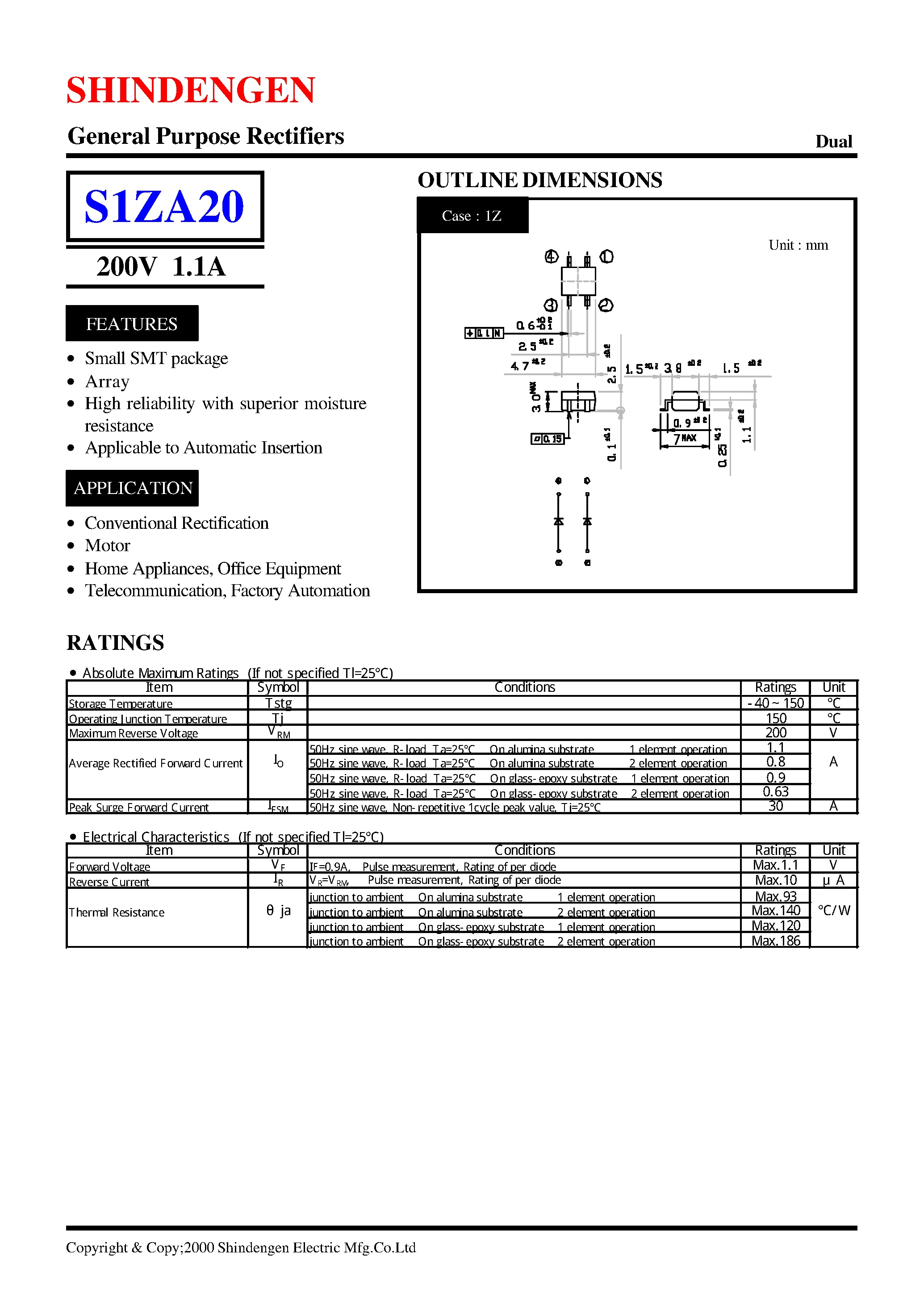 Datasheet S1ZA20 page 1 Datasheet S1ZA20 - General Purpose Rectifiers(200V 1.1A) page 1