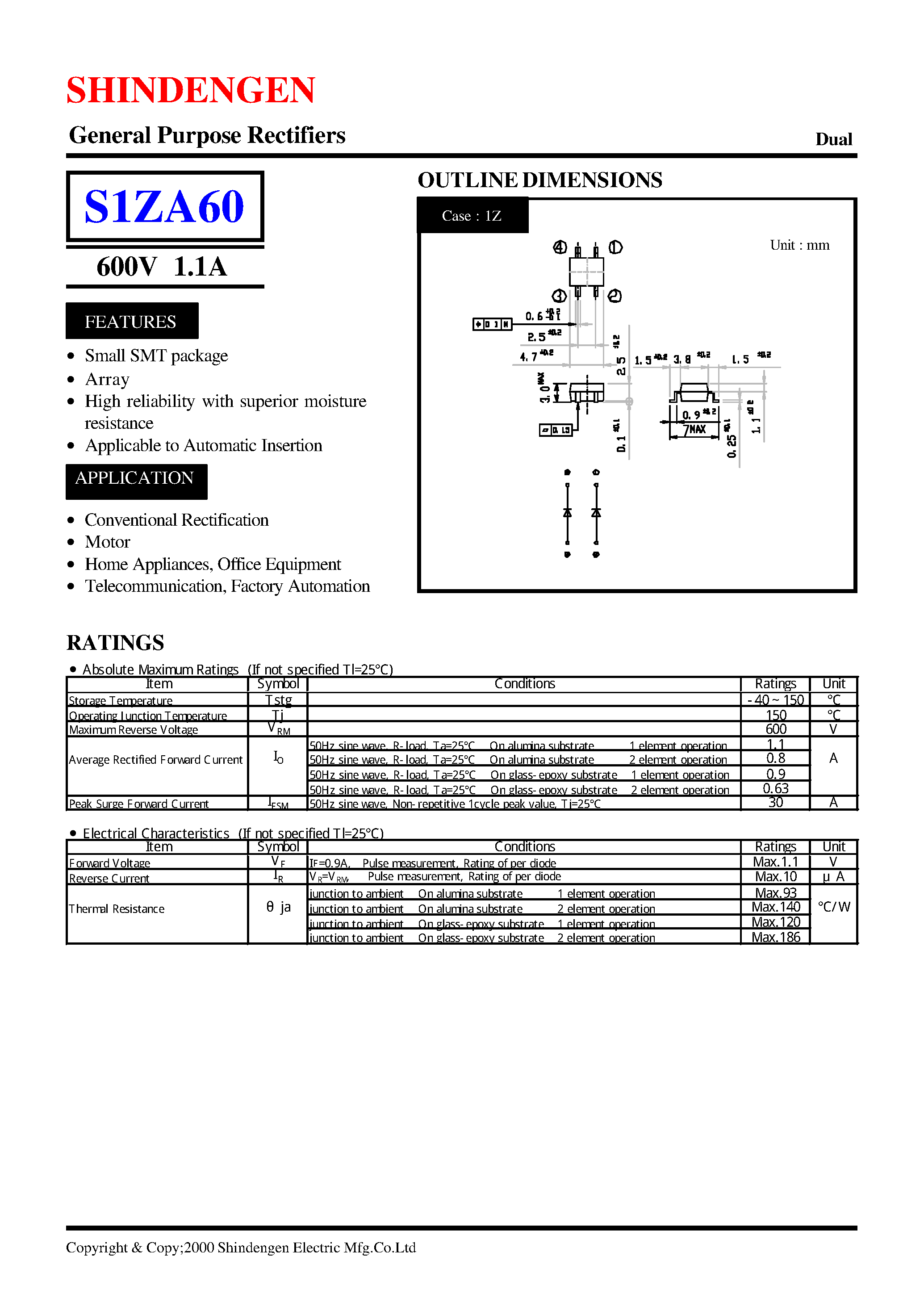 Datasheet S1ZA60 page 1 Datasheet S1ZA60 - General Purpose Rectifiers(600V 1.1A) page 1