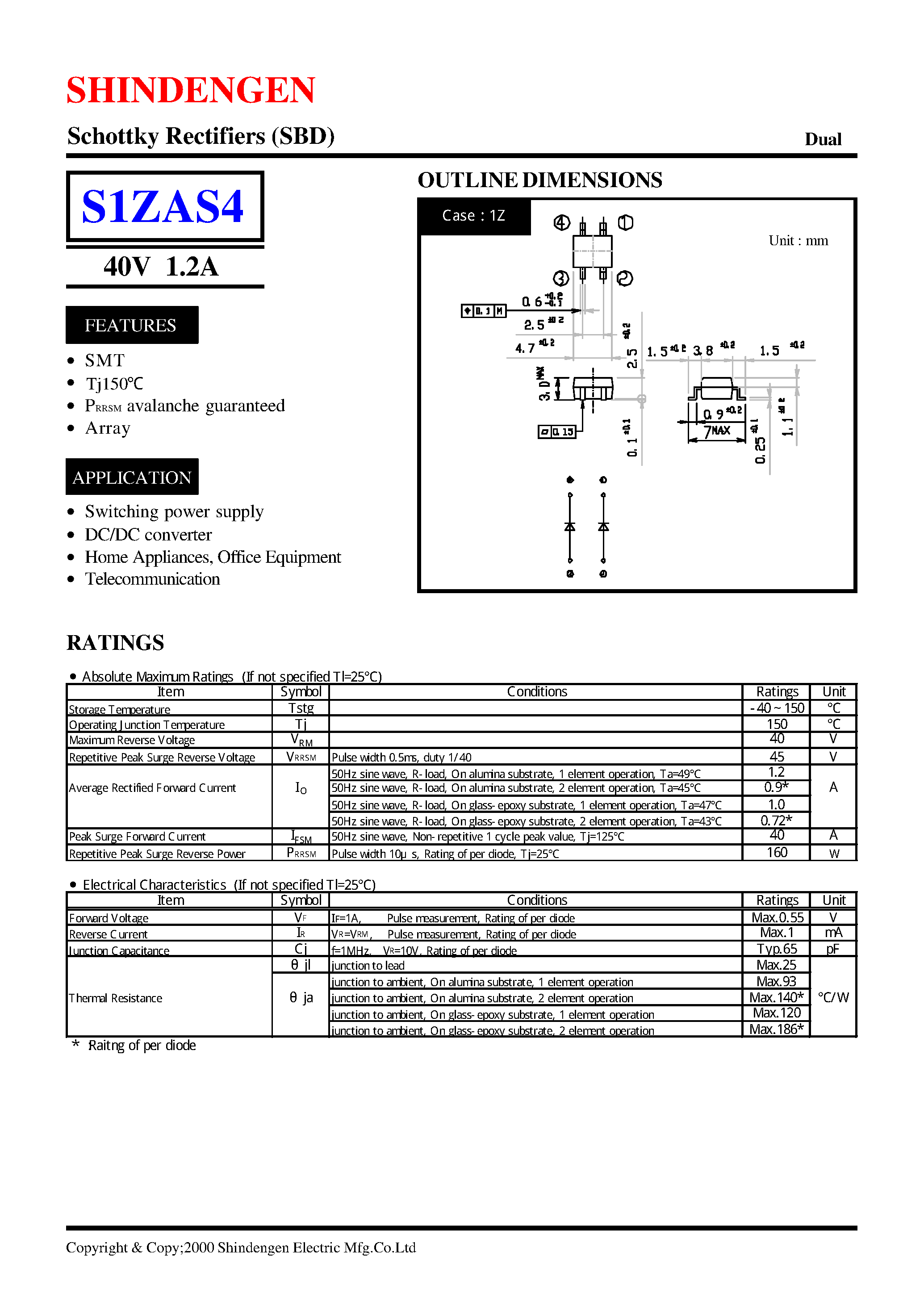 Datasheet S1ZAS4 page 1 Datasheet S1ZAS4 - Schottky Rectifiers (SBD) (40V 1.2A) page 1