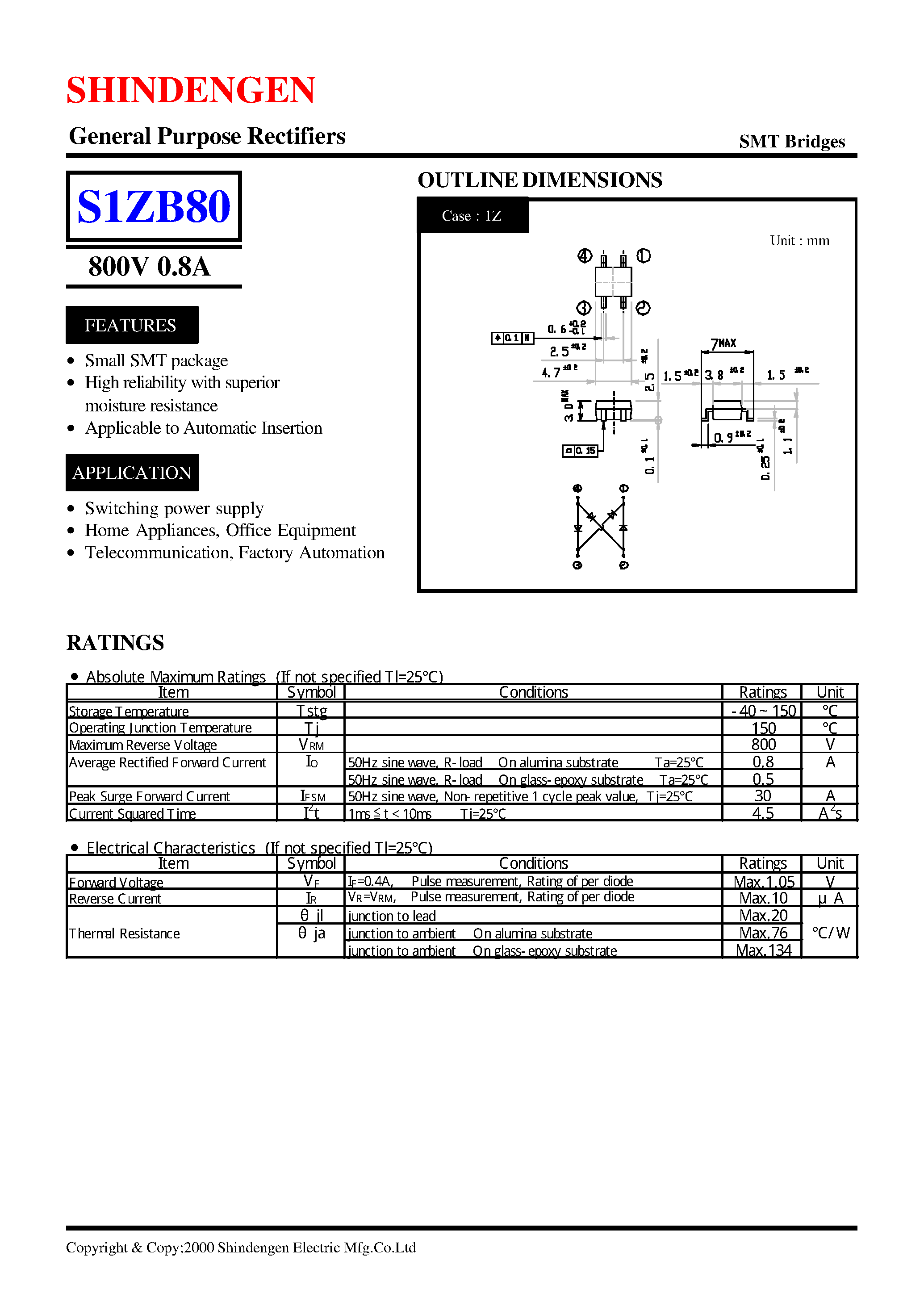 Datasheet S1ZB80 - General Purpose Rectifiers(800V 0.8A) page 1