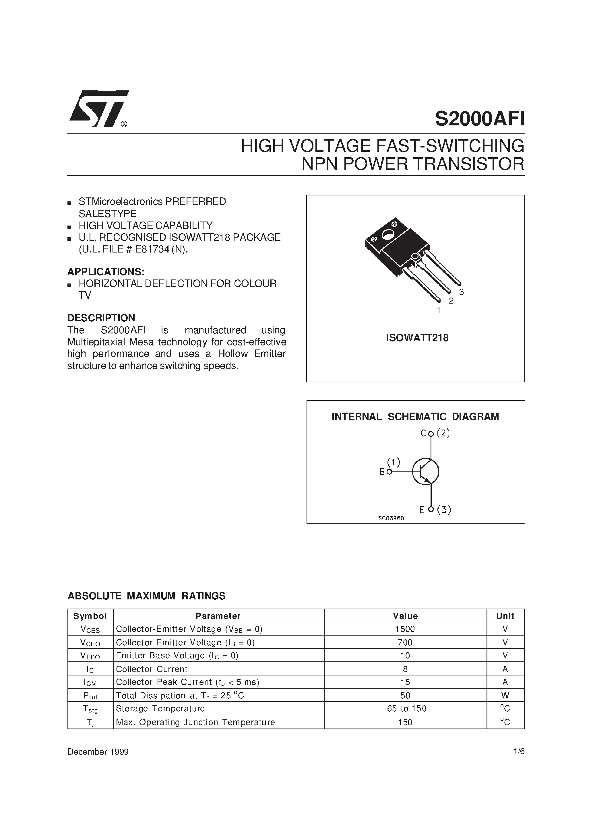 Datasheet S2000AFI page 1 Datasheet S2000AFI - HIGH VOLTAGE FAST-SWITCHING NPN POWER TRANSISTOR page 1