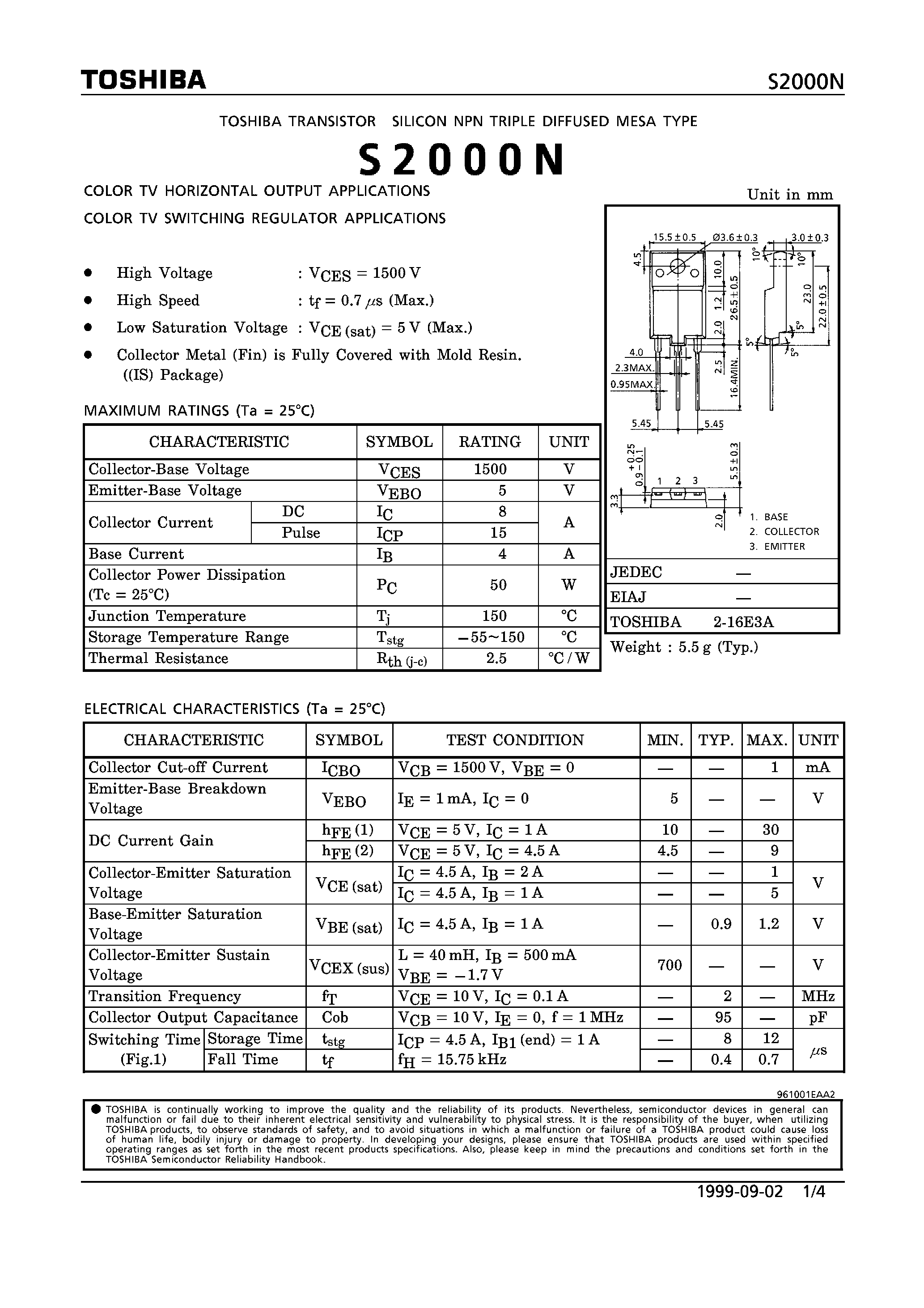 Datasheet S2000N - NPN TRIPLE DIFFUSED MESA TYPE (COLOR TV HORIZONTAL OUTPUT/ SWITCHING REGULATOR APPLICATIONS) page 1