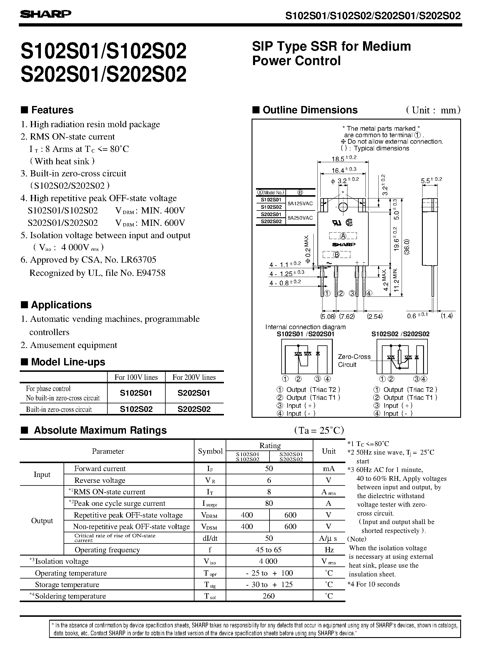 Даташит на микросхему S202S02 страница 1 Даташит S202S02 - SIP Type SSR for Medium Power Control страница 1
