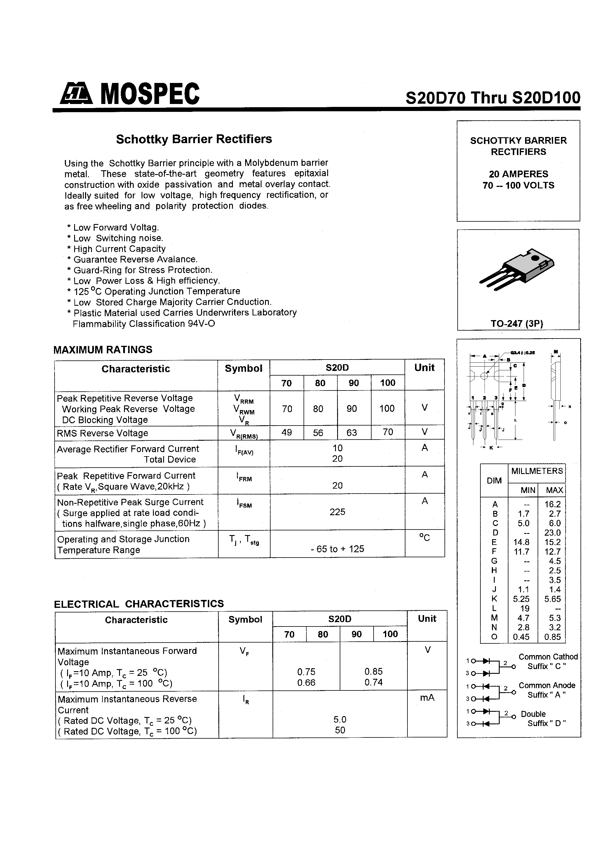 Datasheet S20D100 page 1 Datasheet S20D100 - SCHOTTKY BARRIER RECTIFIERS(20A/70-100V) page 1