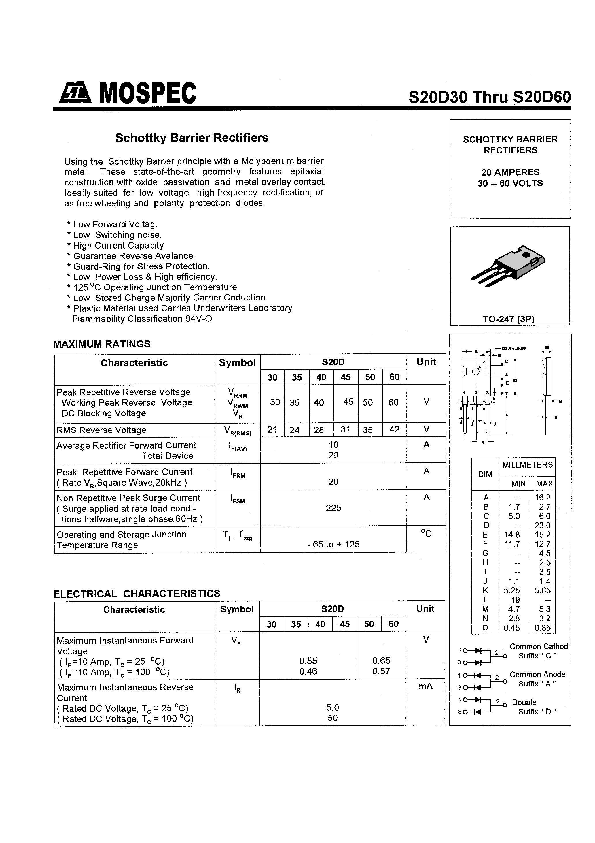 Datasheet S20D60 page 1 Datasheet S20D60 - SCHOTTKY BARRIER RECTIFIERS(20A/30-60V) page 1