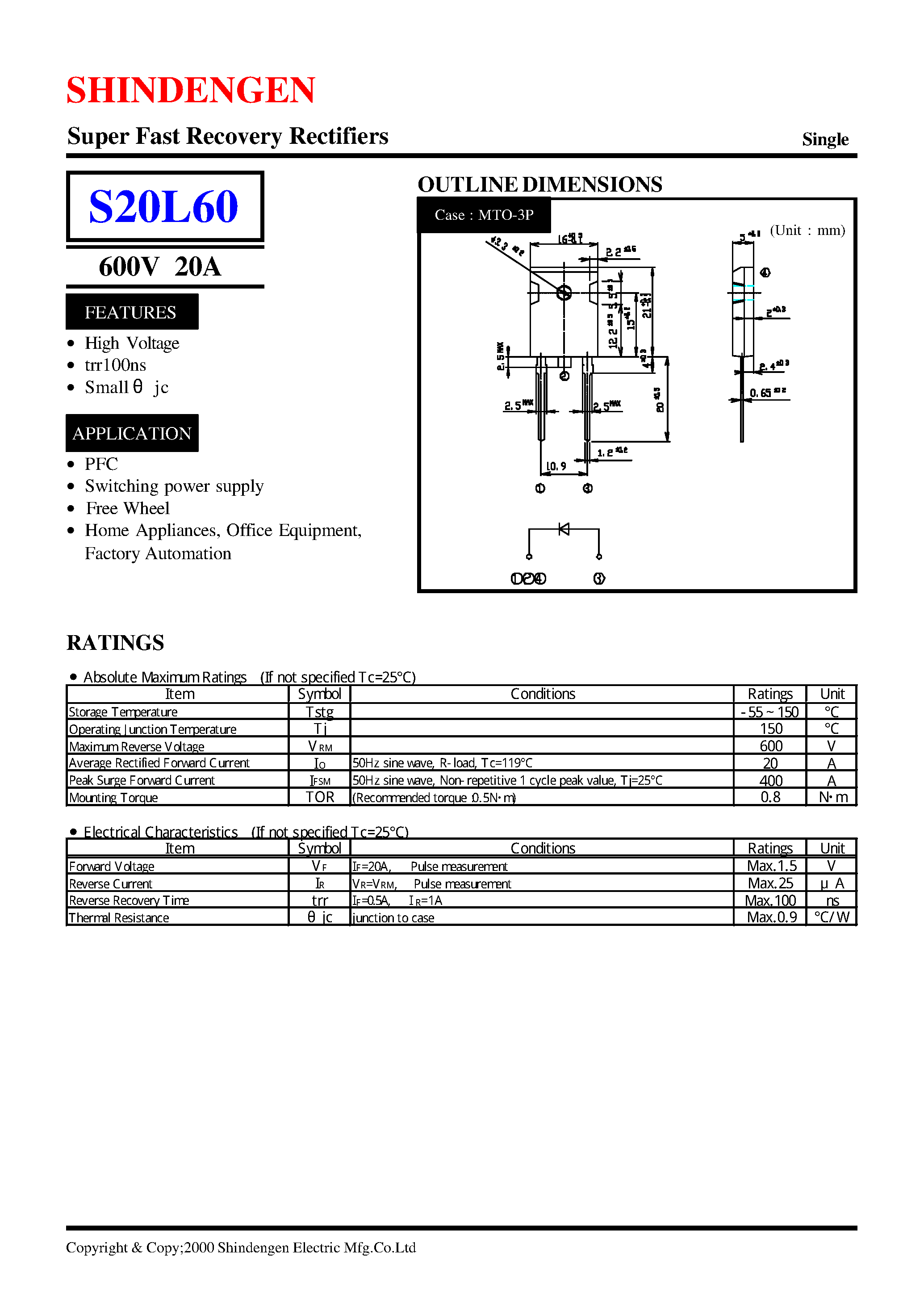 Datasheet S20L60 - Super Fast Recovery Rectifiers(600V 20A) page 1