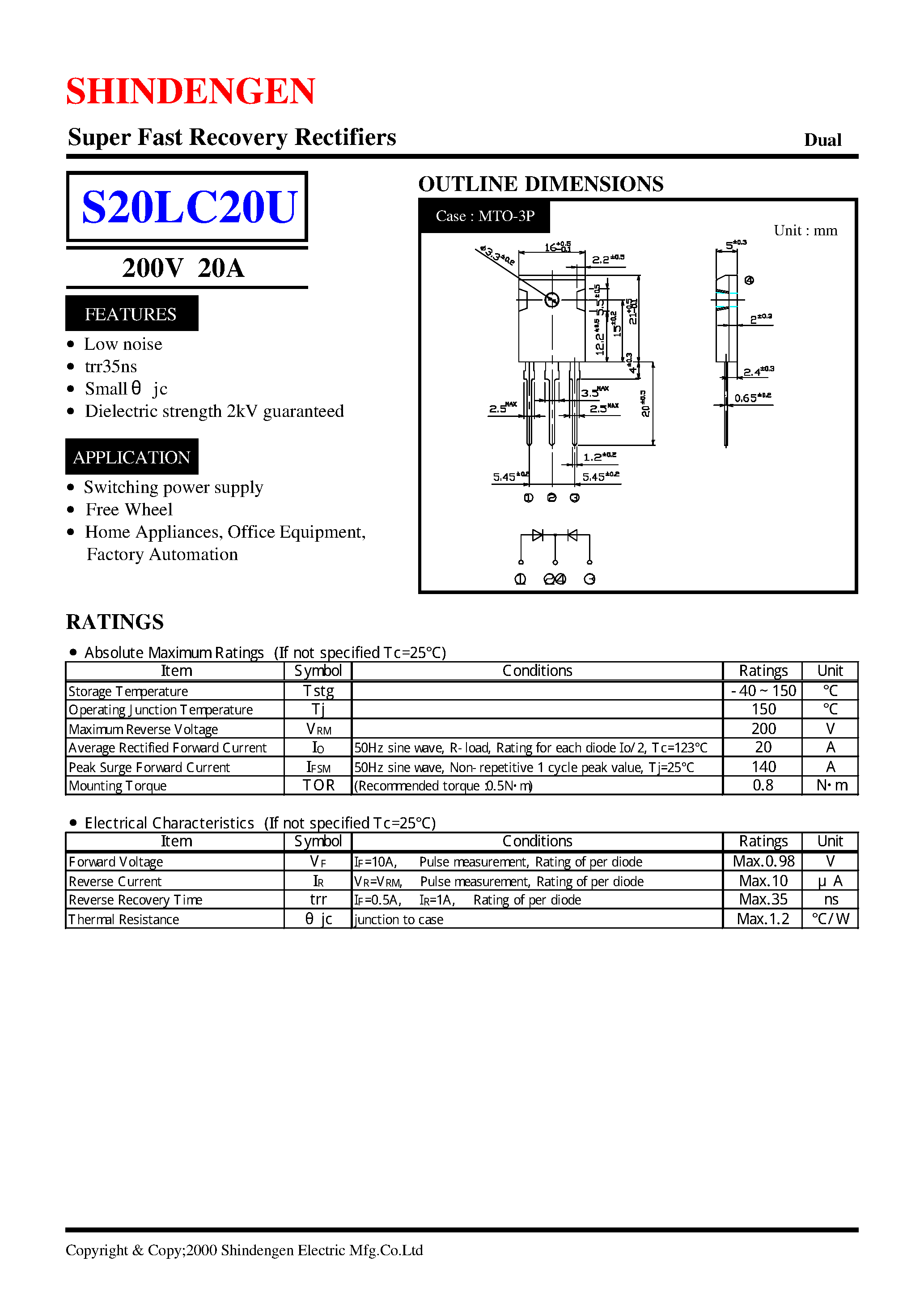 Datasheet S20LC20U - Super Fast Recovery Rectifiers(200V 20A) page 1