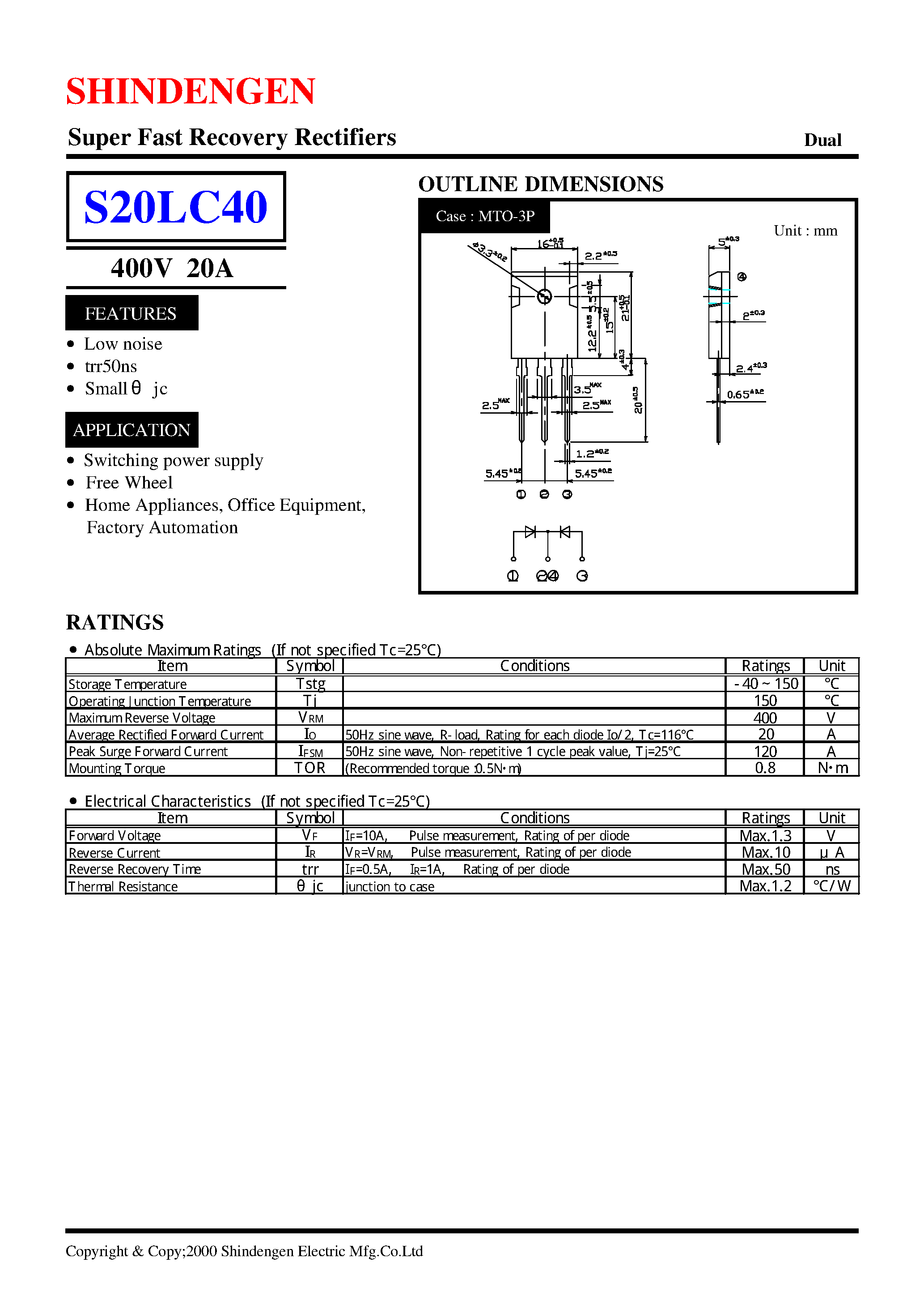 Datasheet S20LC40 - Super Fast Recovery Rectifiers(400V 20A) page 1
