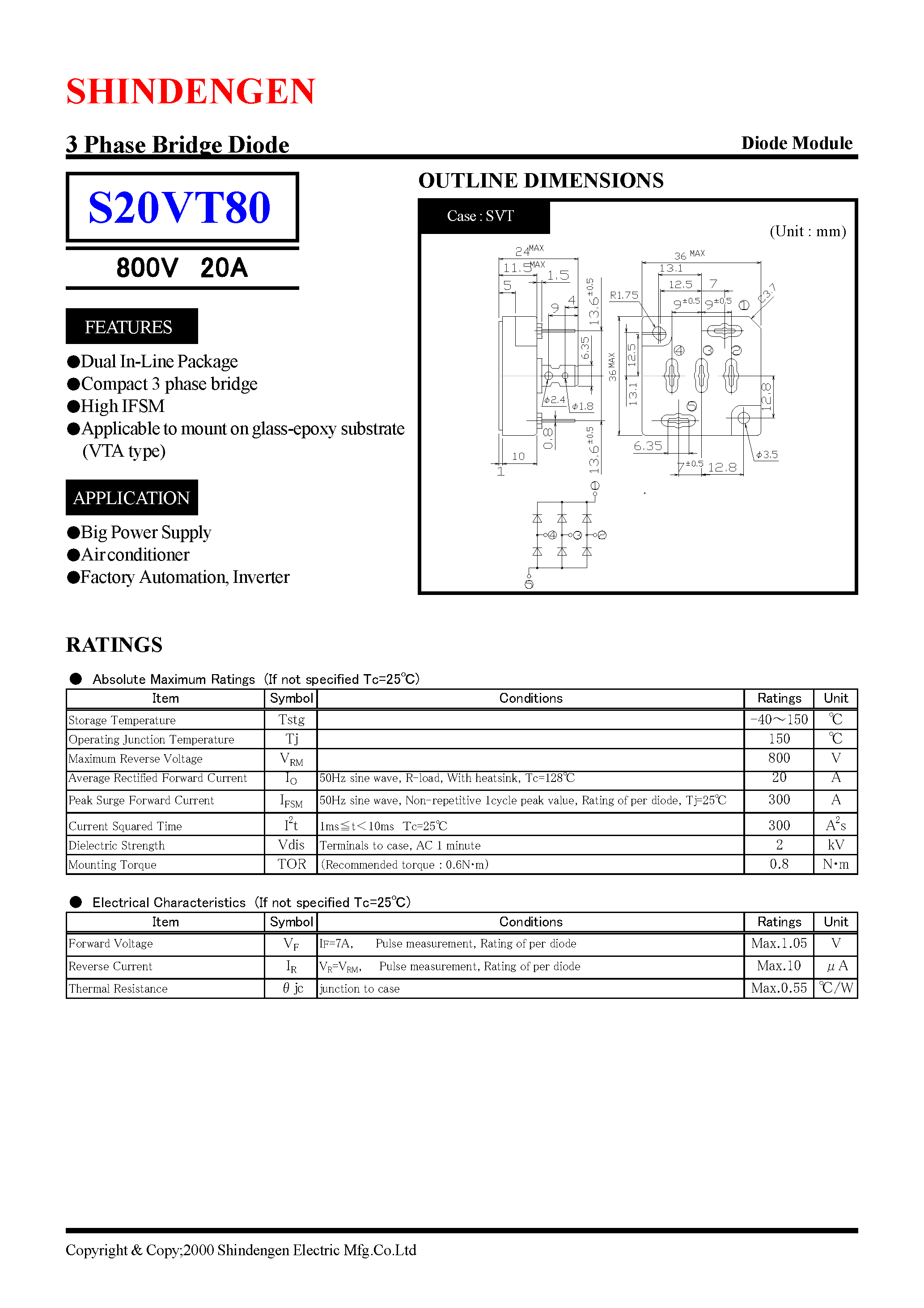 Datasheet S20VT80 page 1 Datasheet S20VT80 - 3 Phase Bridge Diode(800V 20A) page 1