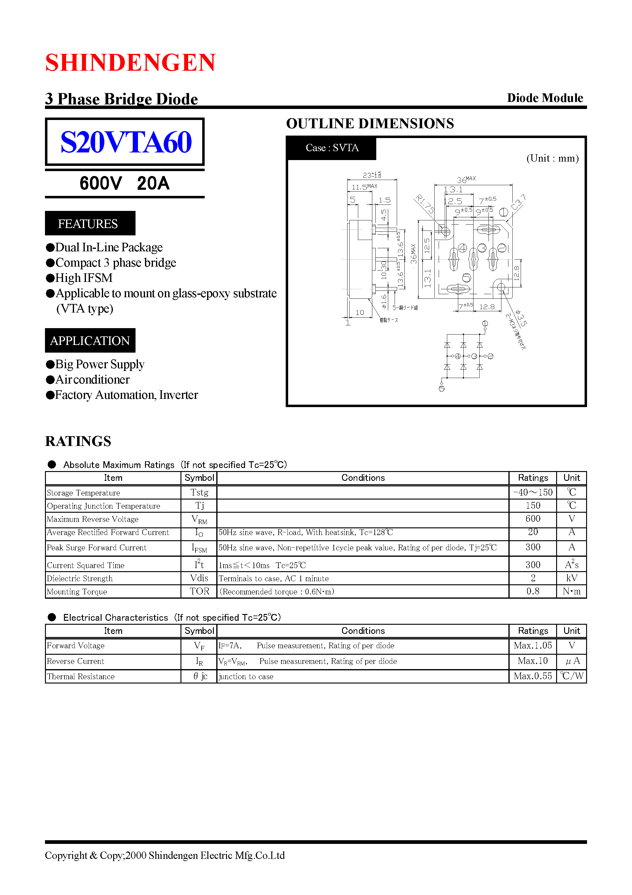 Datasheet S20VTA60 - 3 Phase Bridge Diode(600V 20A) page 1