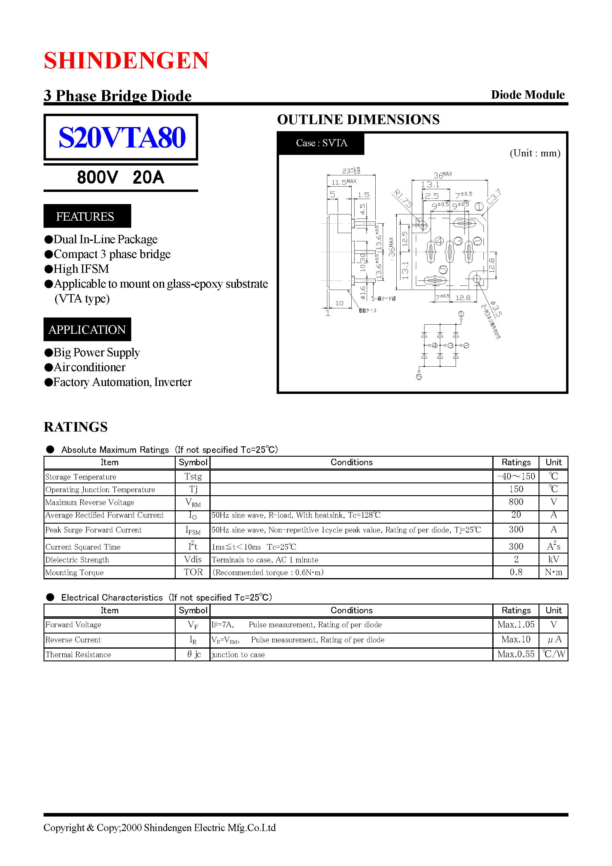 Datasheet S20VTA80 - 3 Phase Bridge Diode(800V 20A) page 1