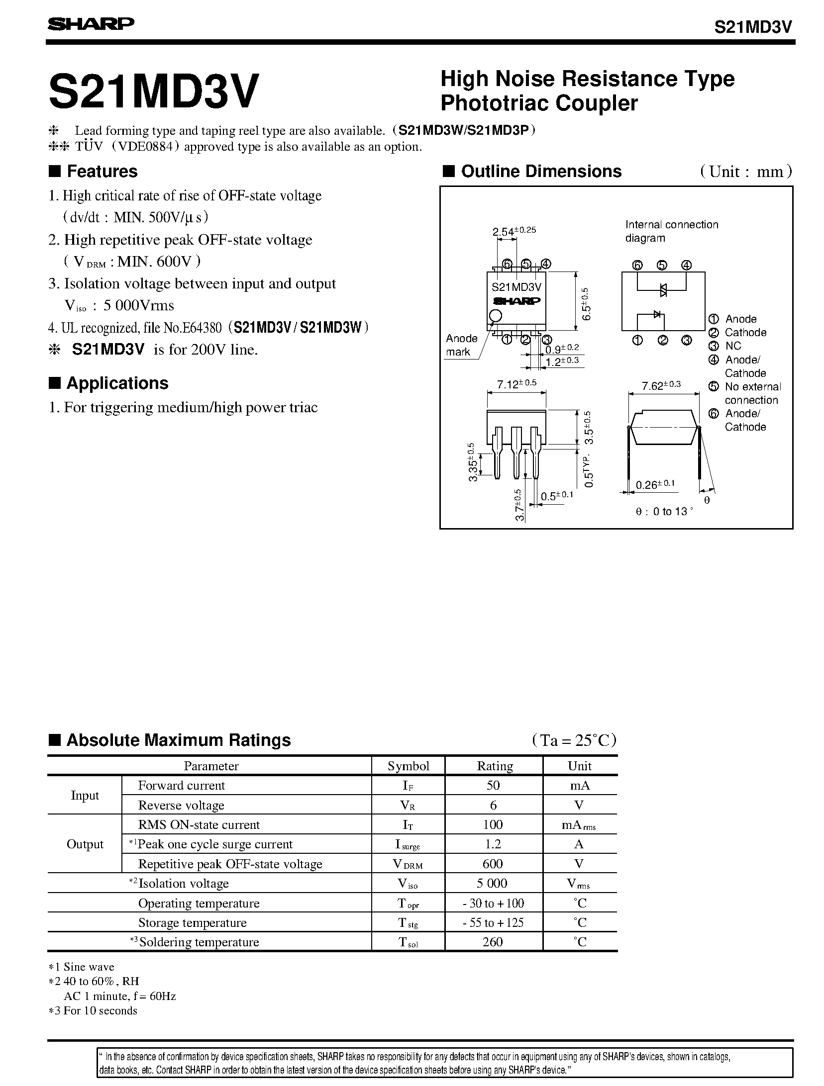 Datasheet S21MD3 - High Noise Resistance Type Phototriac Coupler page 1