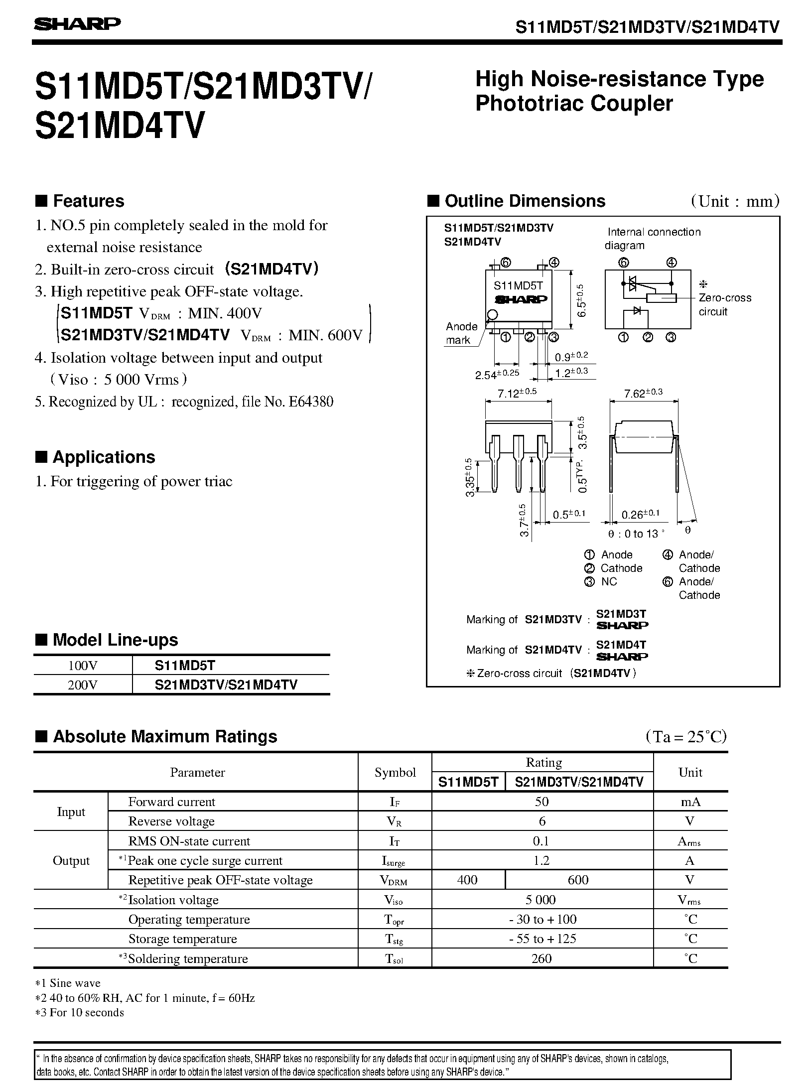 Datasheet S21MD3TV - High Noise-resistance Type Phototriac Coupler page 1